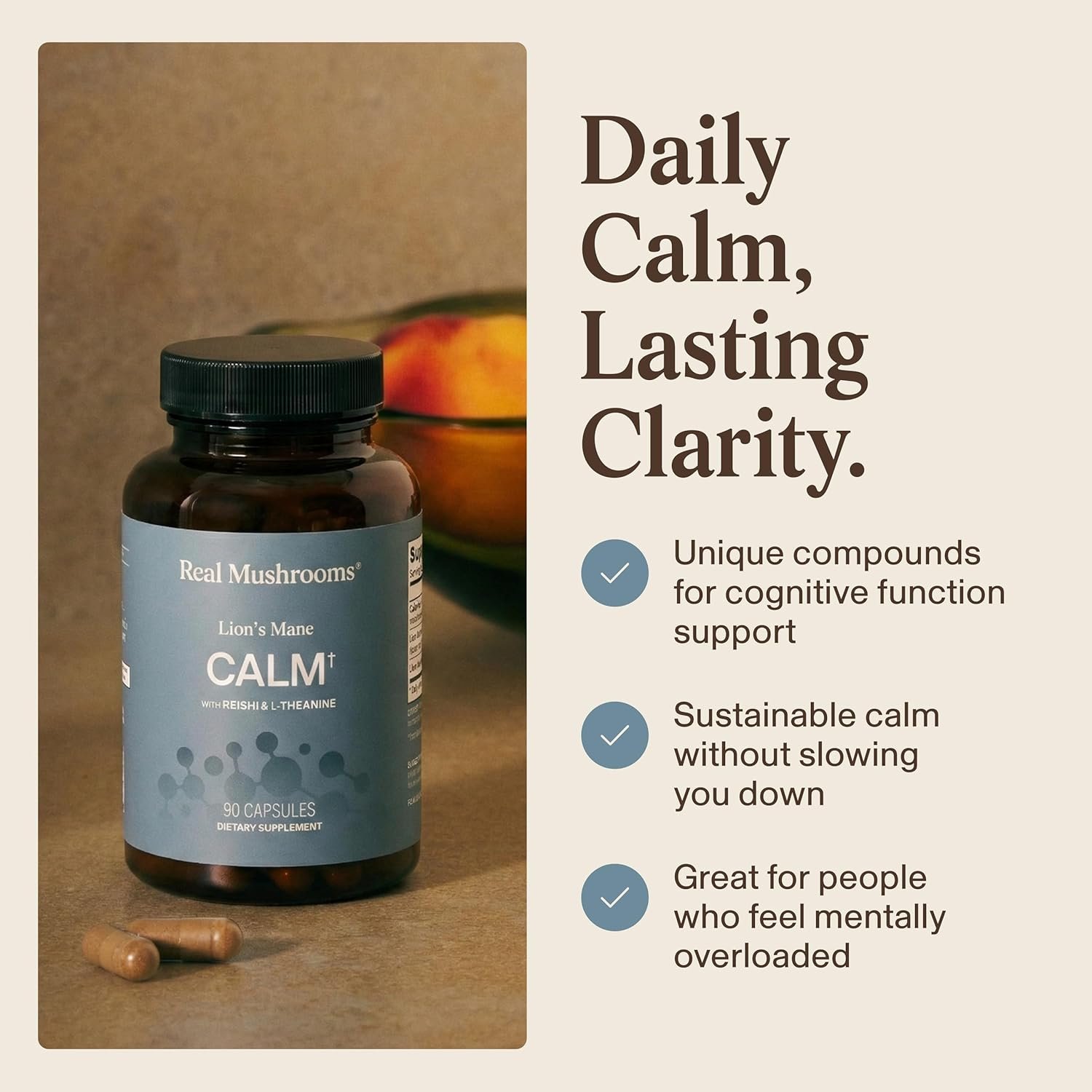 Real Mushrooms Calm Lions Mane Capsules (90 Count) – 400mg Organic Lions Mane Fruiting Body Extracts, 200mg Organic Reishi, 200mg AlphaWave L-Theanine for Calm Clarity & Relaxed Alertness, 90ct - Image 5