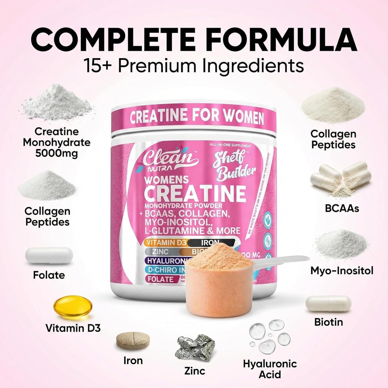 Creatine for Women | Creatine Monohydrate + BCAA Powder Myo-Inositol Collagen Biotin Hyaluronic Acid Folate L Glutamine Vitamin D3 Iron Zinc D-Chiro-Maca Digestion Shelf Builder By Clean Nutra - Image 4