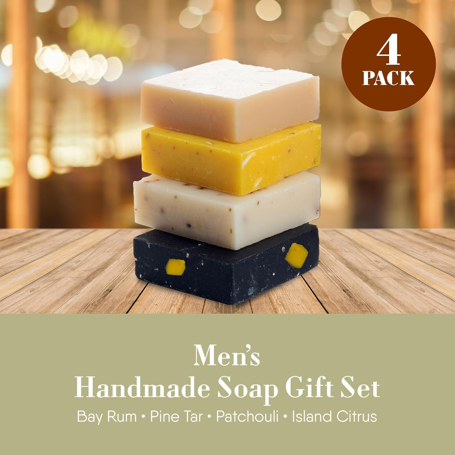 360Feel Mens Bar Soap - Made in the USA - Castile Handmade All Natural Cold Processed - Includes 4 Bold Masculine Scents: Bay Rum, Pine Tar Black Soap bar, Patchouli & Island Citrus (5oz, 4-Pack) - Image 7