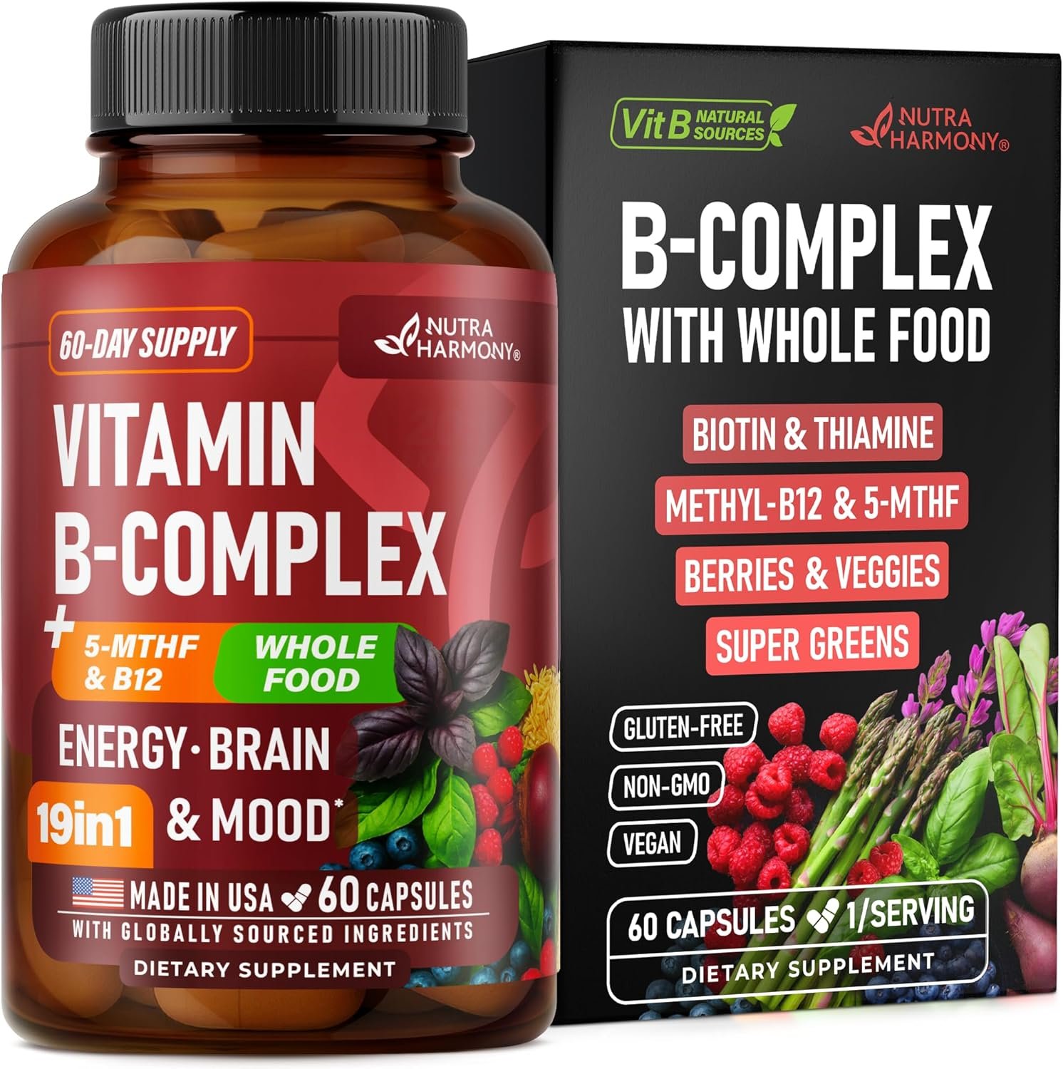 Vitamin B Complex - B1 | B2 | B3 | B5 | B6 | Biotin | B12 | 5-MTHF - Astragalus & Whole Food Blend - Energy, Metabolism & Brain - Vitamins B for Women & Men - Lab Tested - 60 Capsules, 60 Days Supply