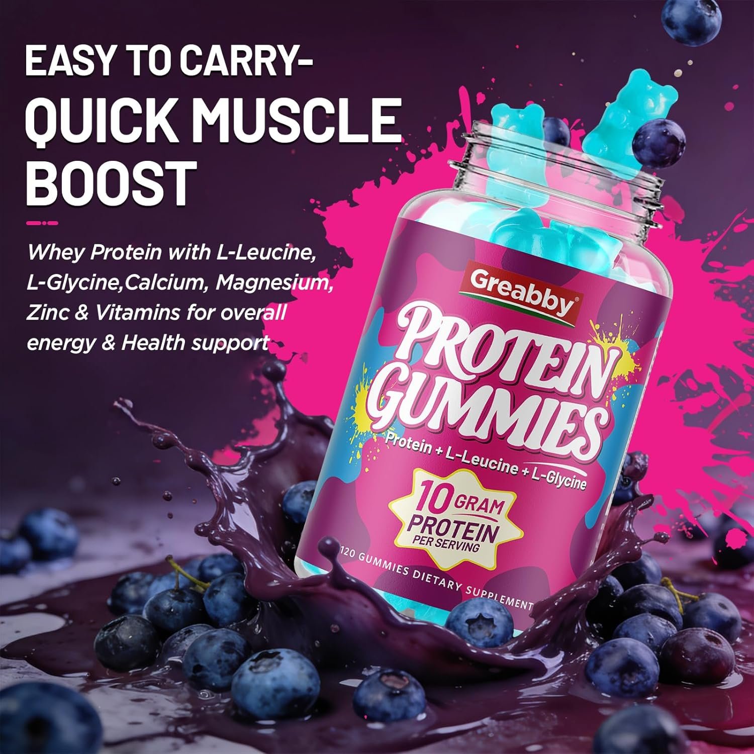 Protein Gummies, Chewable Whey Protein Supplement with L-Glycine & L-Leucine, 10g Protein for Women & Men, Muscle, Hair, Skin & Nails, 120 Count - Image 5