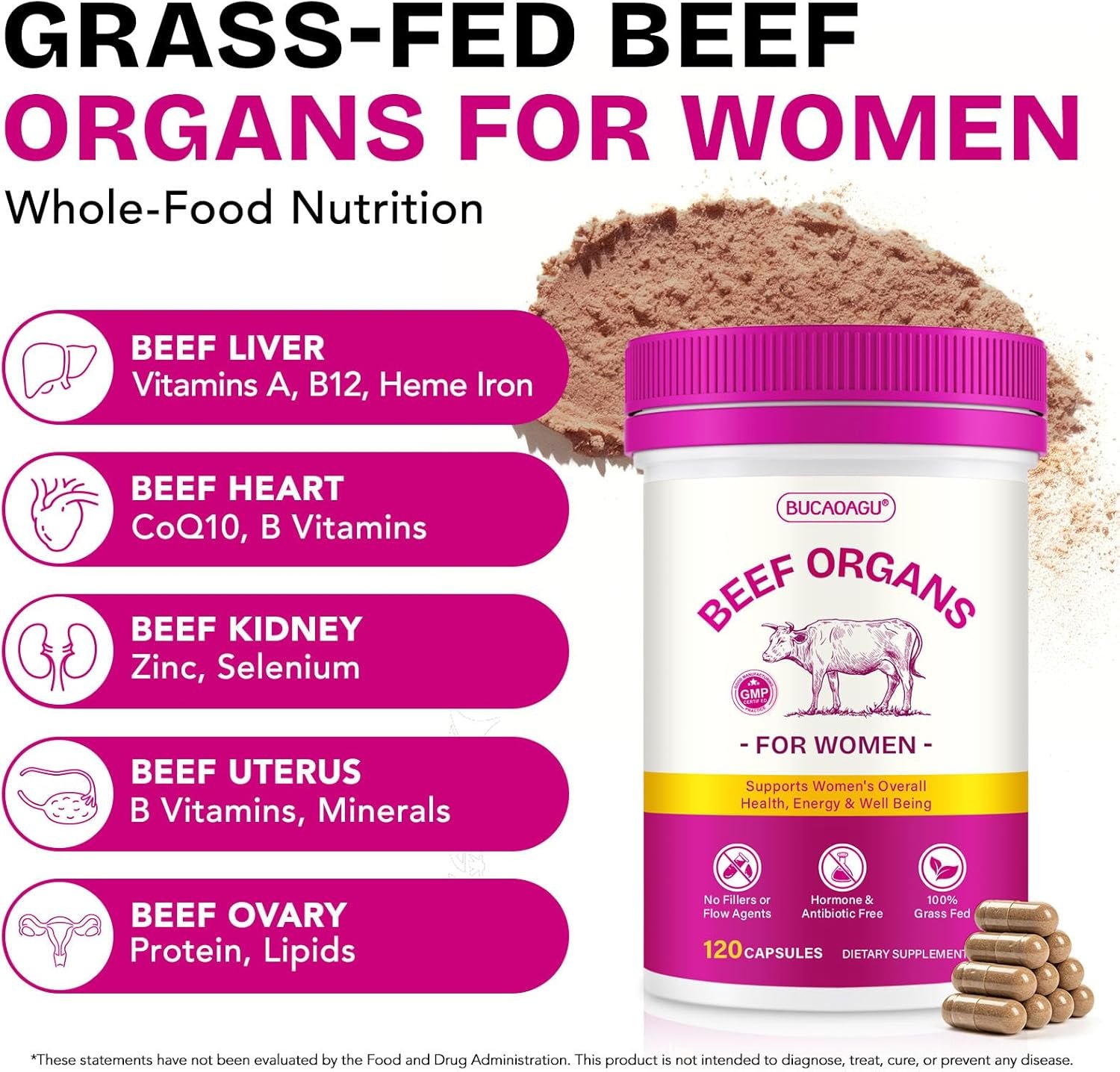 Beef Organ Supplement for Women - Grass-Fed Beef Liver, Kidney, Heart, Uterus, Ovary - Supports Female Energy & Hormone Balance - Pasture Raised in New Zealand - Iron, B12 & CoQ10 - 120 Capsules - Image 2