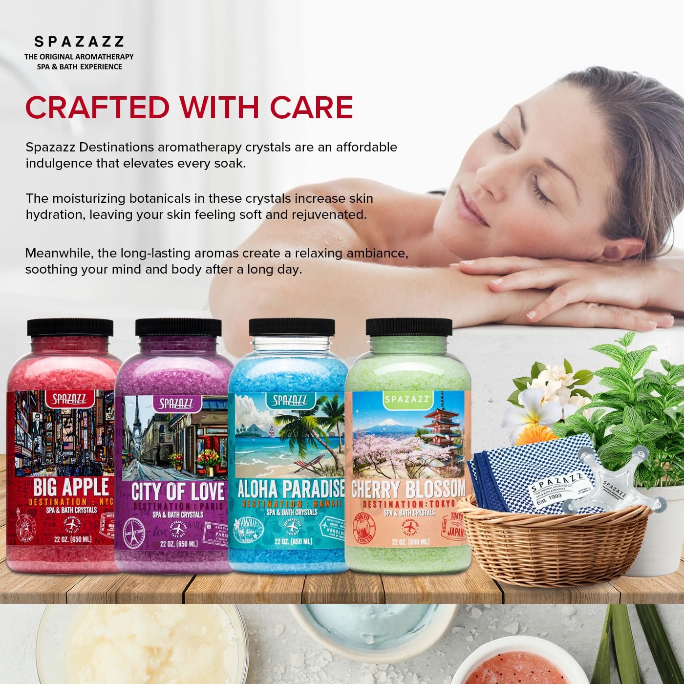 Hot Tub & Spa Aromatherapy Bath Salt Crystal Scents Spazazz Destinations Collection Bundle Aloha Paradise, Big Apple, City of Love, Cherry Blossom - Skin Moisturizer - Will Not Damage Spas & Hot Tubs - Image 5