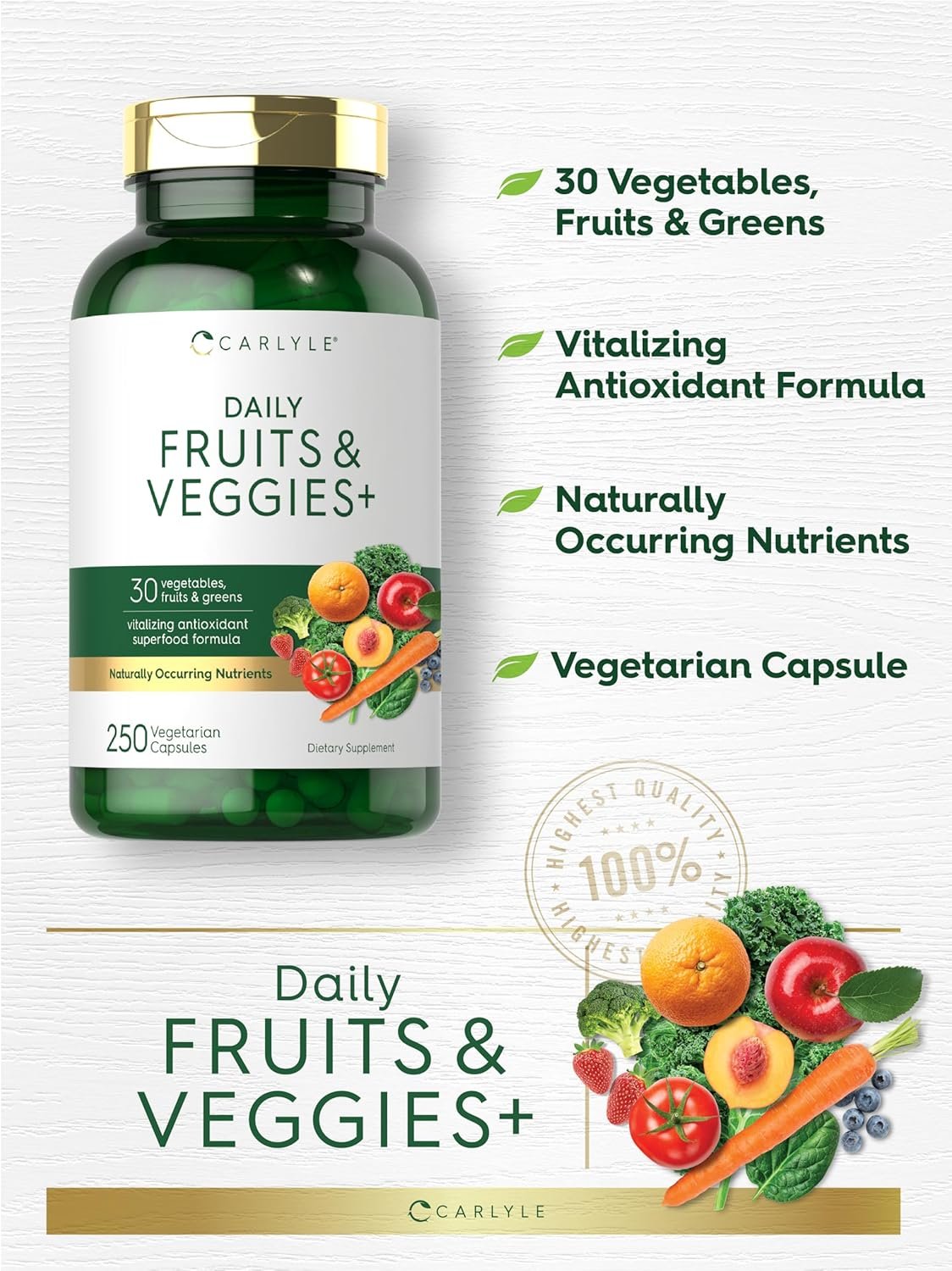 Carlyle Fruits and Veggies Supplement | 250 Capsules | Made with 30 Fruits and Vegetables | Vegetarian, Non-GMO, Gluten Free Superfood Formula - Image 4