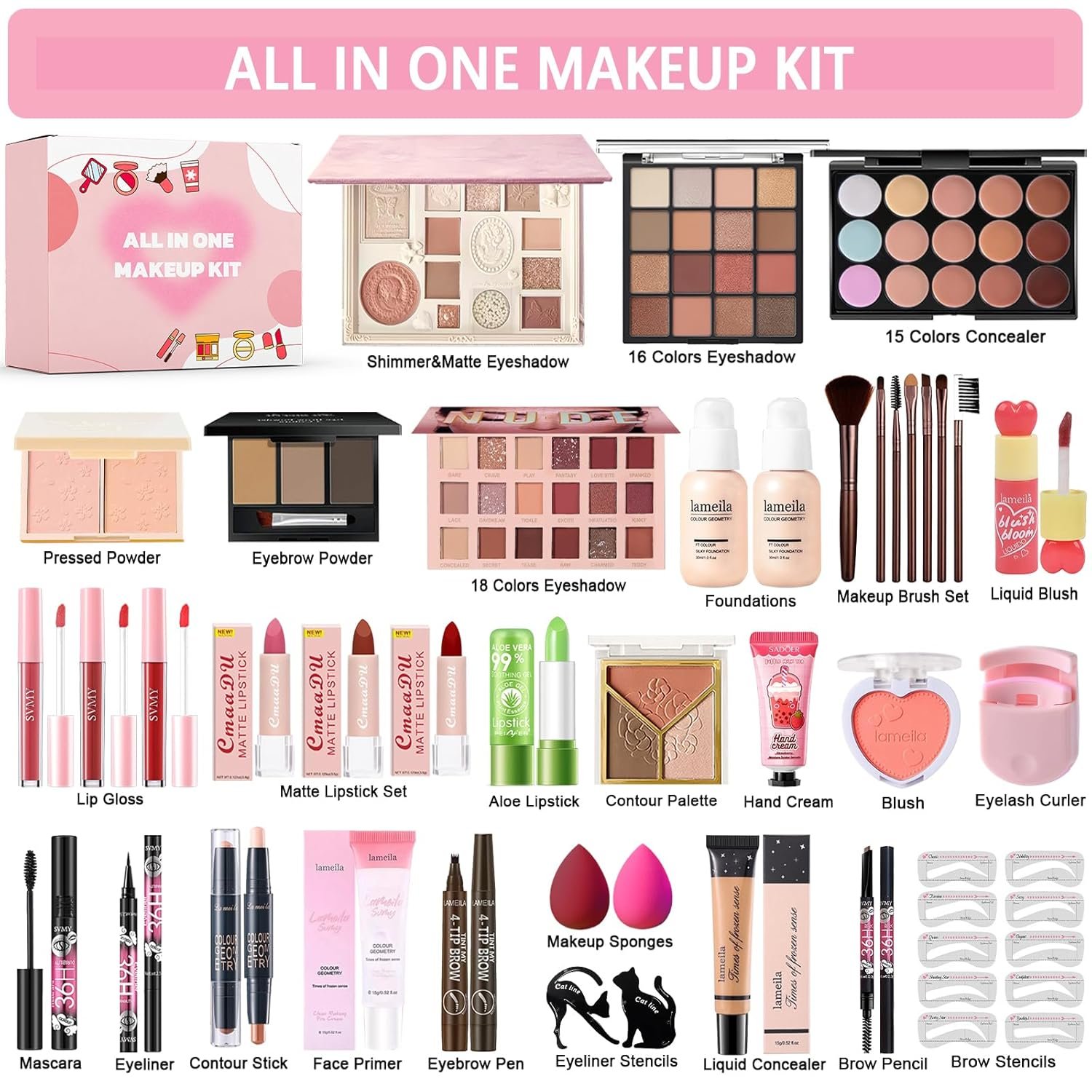 All in One Makeup Kit Makeup Set for Women Full Kit, Make Up Gift Set for Women Teens Girls, Makeup Essential Bundle Includes Eyeshadow Foundation Lipsticks Mascara Eyeliner Cosmetic Brush Set - Image 2