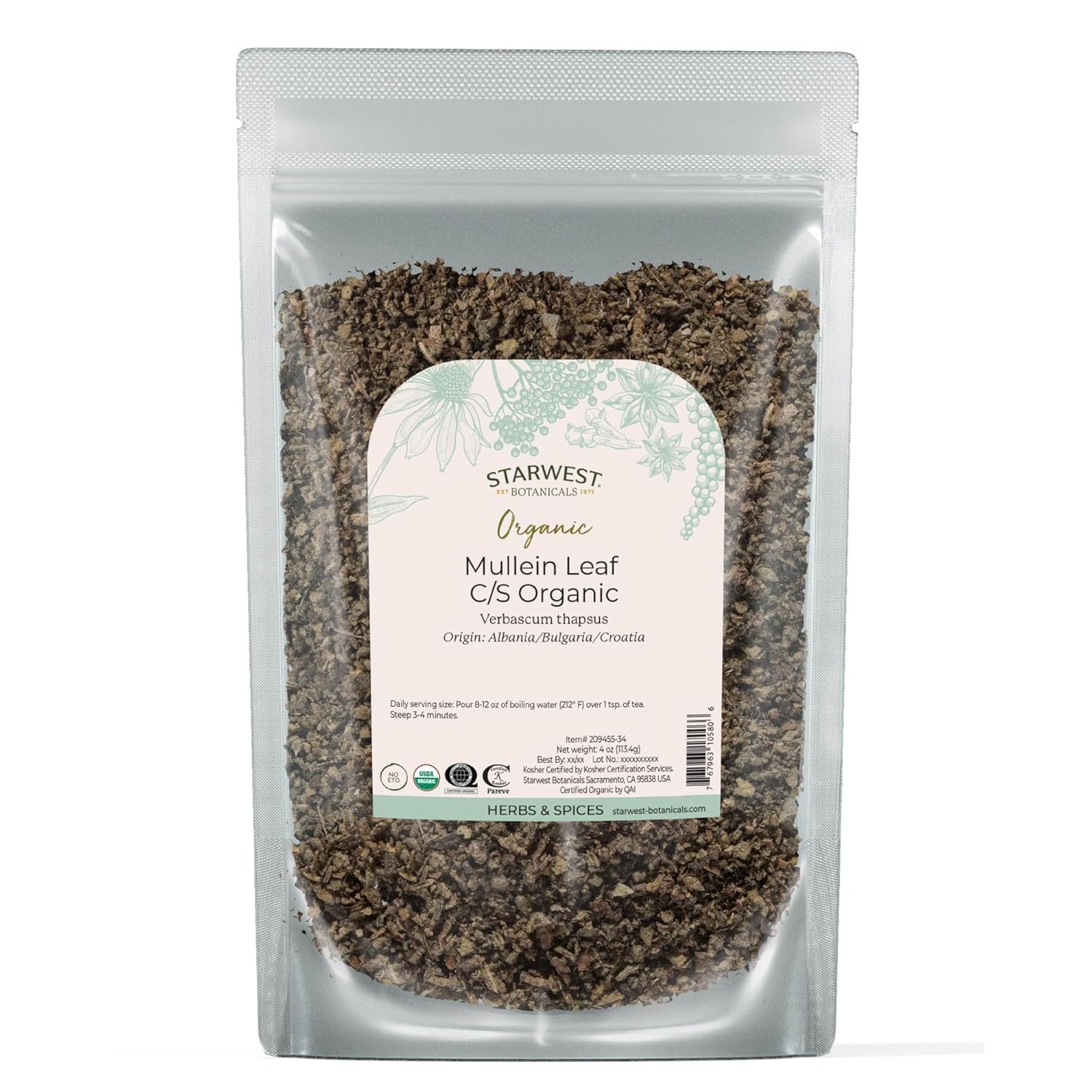 Starwest Botanicals Organic Mullein Leaf Cut & Sifted, 4 Ounces