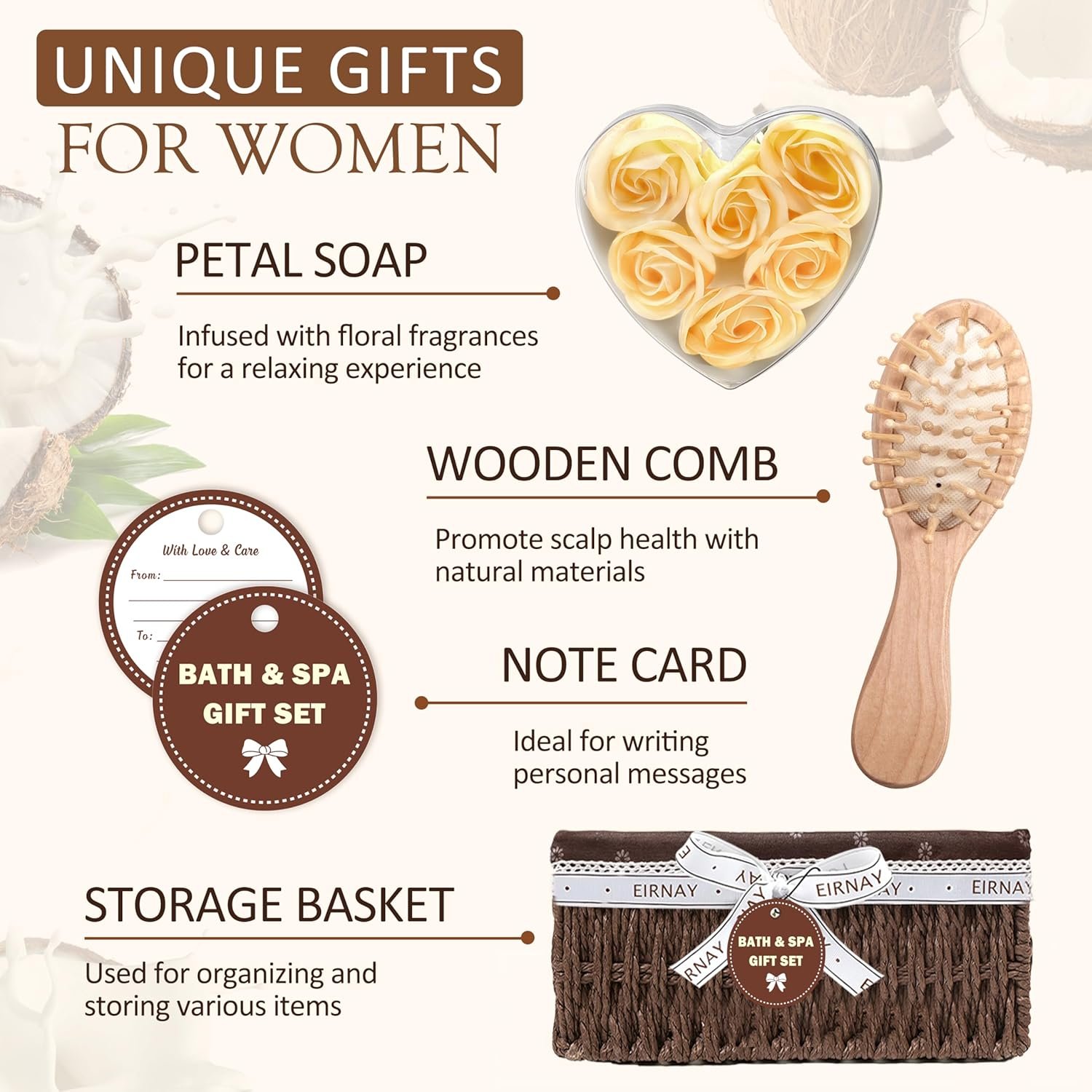 Mothers Day Gifts For Women - 16 PCS Birthday Gift Basket for Women Set of Coconut Vanilla Self Pampering Set, Includes Luxurious Home Spa Shower Gel Bubble Bath - Image 5