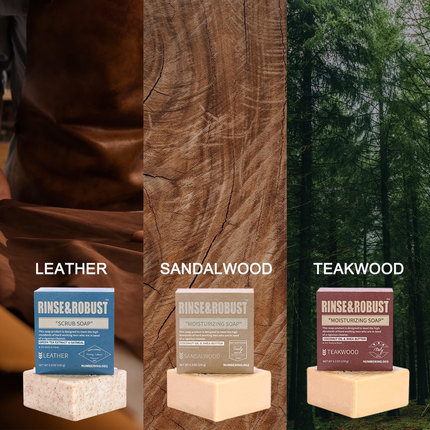 Rinse & Robust Mens Bar Soap Bath Bar Soap 3Pack Handmade Natural Soap Bar Set Cleansing Bar Moisturizing&Exfoliating Scrub Soap Gift Set for Men | Leather, Sandalwood, Teakwood | 3.5 oz of 3 Bars - Image 6