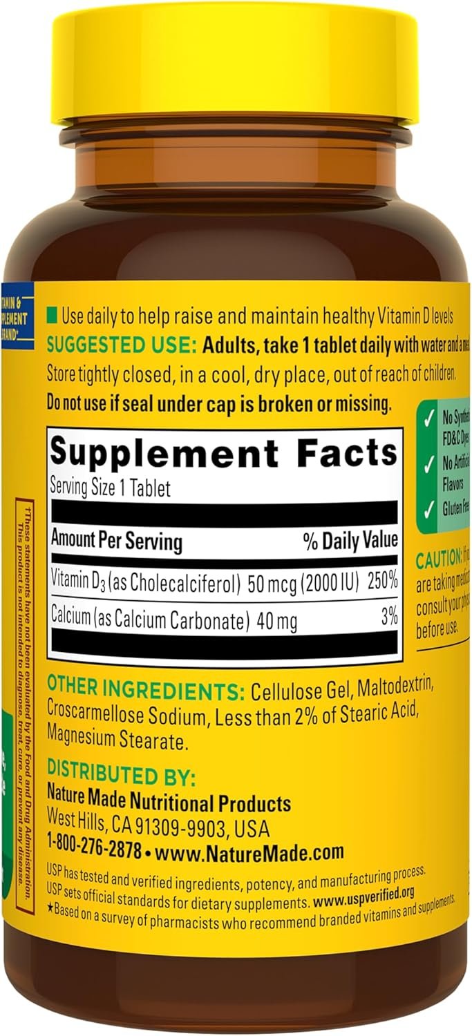 Nature Made Vitamin D3 2000 IU (50 mcg), Vitamin D Supplement for Bone, Teeth, Muscle and Immune Health Support, 100 Tablets, 100 Day Supply - Image 8