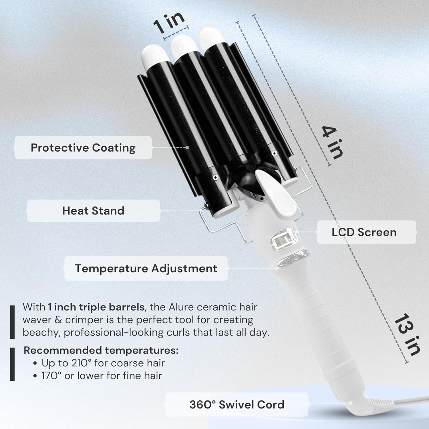 Alure Three Barrel Curling Iron Wand Hair Waver with LCD Temperature Display - 1 Inch Ceramic Tourmaline Triple Barrels, Dual Voltage Crimp (Black/White) - Image 6