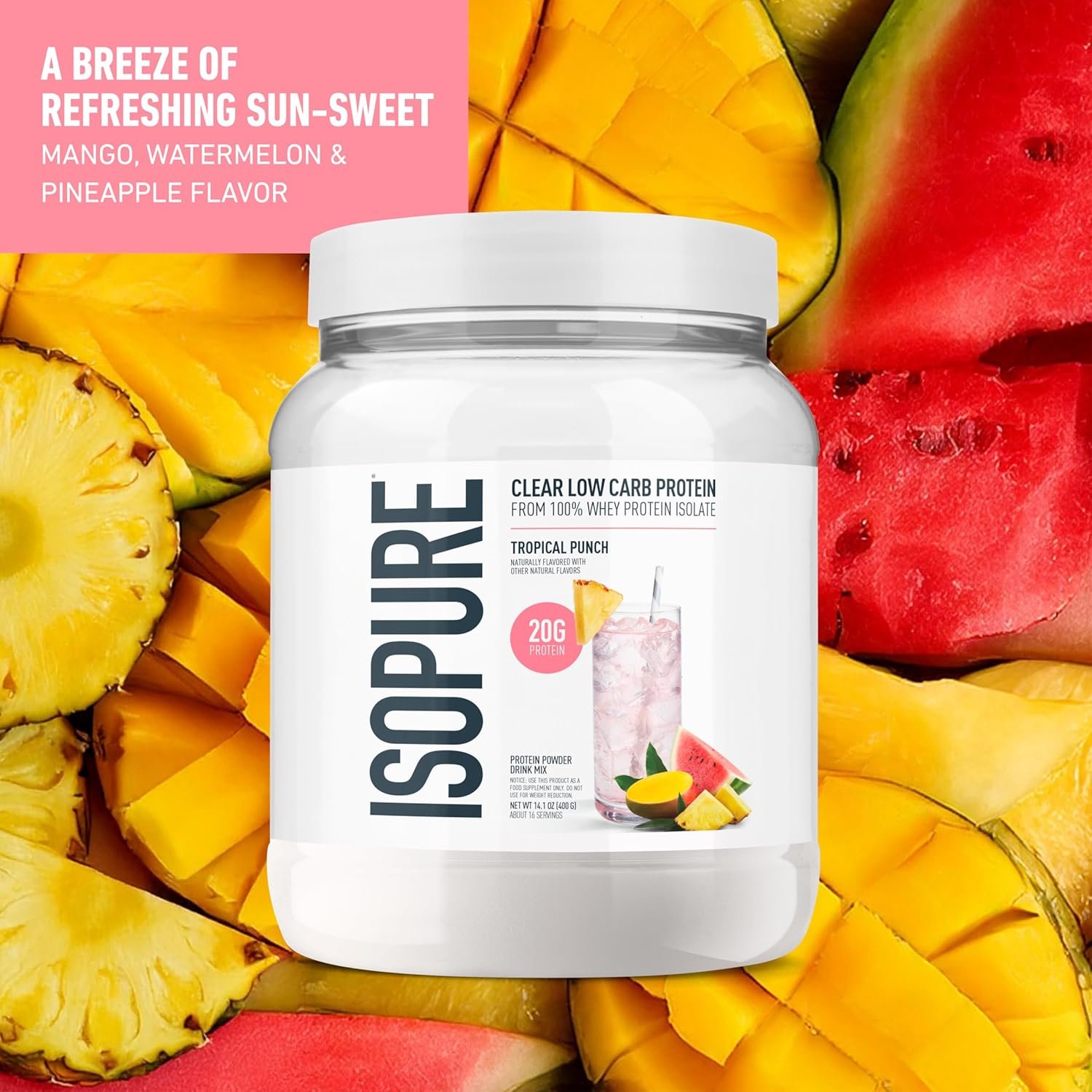 Isopure Clear Whey Isolate Protein Powder, Lactose Free, Gluten Free, Naturally Flavored, Tropical Punch, 20g Protein Per Serving, 14.1 Oz, 16 Servings (Packaging May Vary) - Image 3