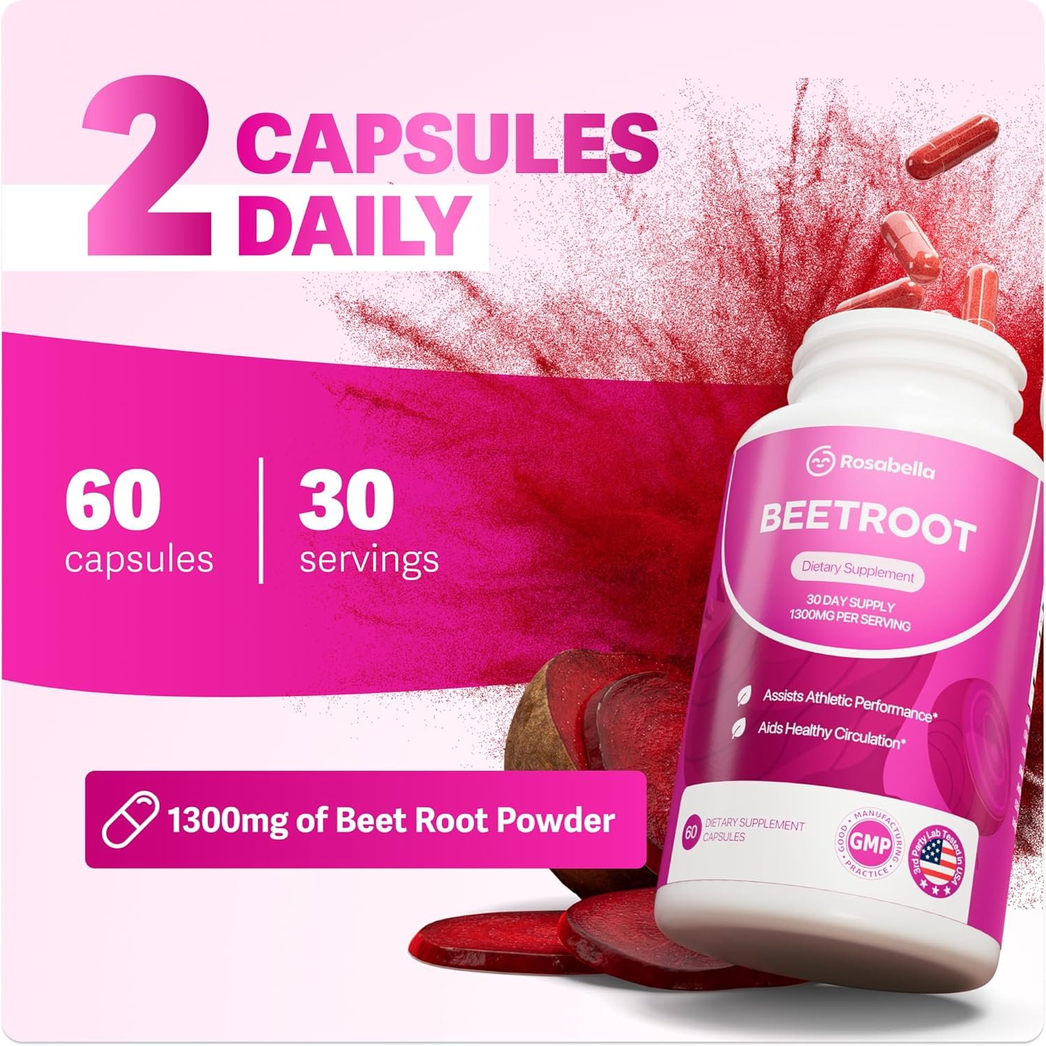 Rosabella Organic Beet Root Capsules - 1300mg Beet Root Powder Aids Healthy Circulation & Vitality, Non-GMO, Beet Root Supplement - 60 Capsules, 30-Day Supply - Image 3