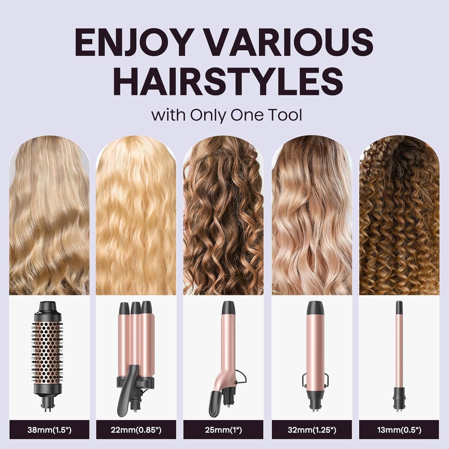 Wavytalk 5 in 1 Curling Wand Set, Dual Voltage Curling Iron Set with 5 Interchangeable Barrels Included A Thermal Brush, A Hair Crimper and 3 Ceramic Curling Wands(0.5"-1.25"), Rose Pink - Image 2