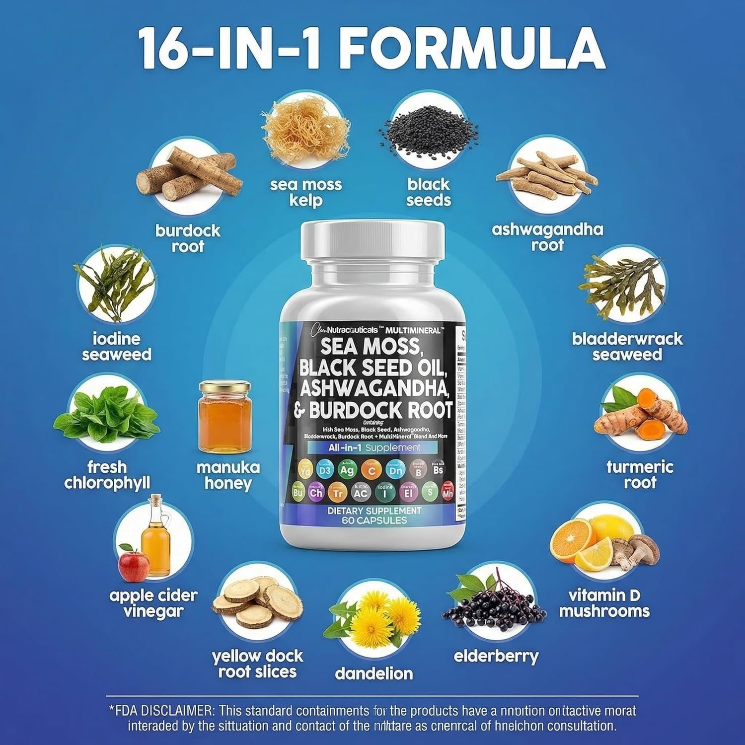 Clean Nutraceuticals Sea Moss Black Seed Oil Ashwagandha Turmeric Bladderwrack Burdock & Vitamin C Vitamin D3 with Elderberry Manuka Dandelion Yellow Dock Iodine Chlorophyll ACV - Image 4