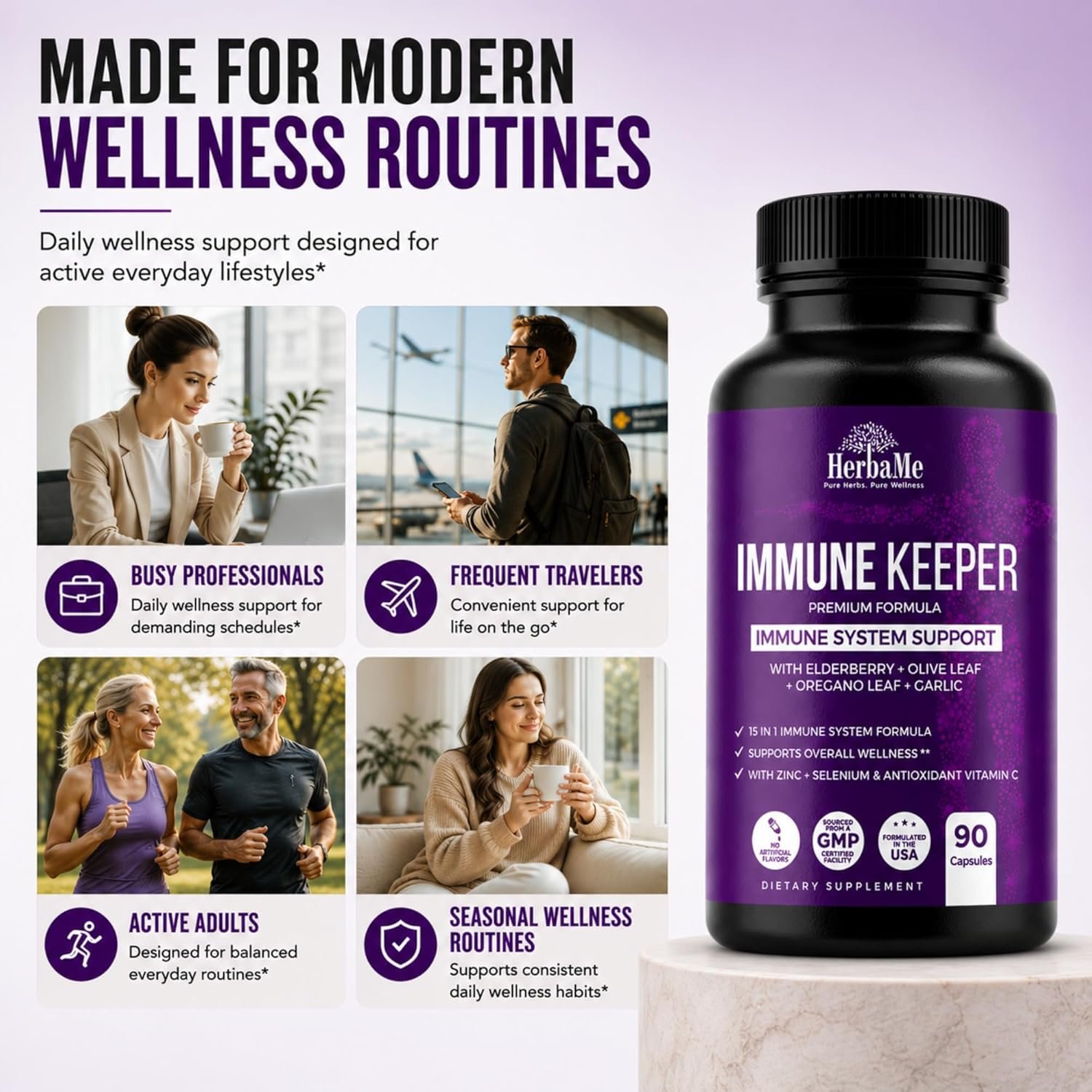 HerbaMe Immune Support Supplement, 15 in 1 Daily Wellness Formula with Elderberry, Quercetin, Zinc, Vitamin C & Selenium, Olive Leaf & Garlic for Men & Women, 90 Capsules - Image 4