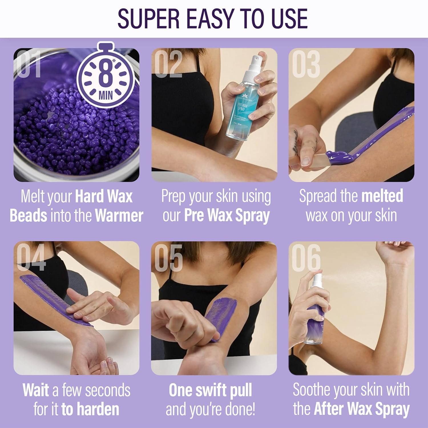 Tress Wellness Waxing Kit for Sensitive Skin, Safe for Face & Skin, Prep & Aftercare Spray, Easy to Use, At-Home Kit for Face, Bikini, Brazilian & Full Body - Digital Display, Black Purple Flower - Image 5