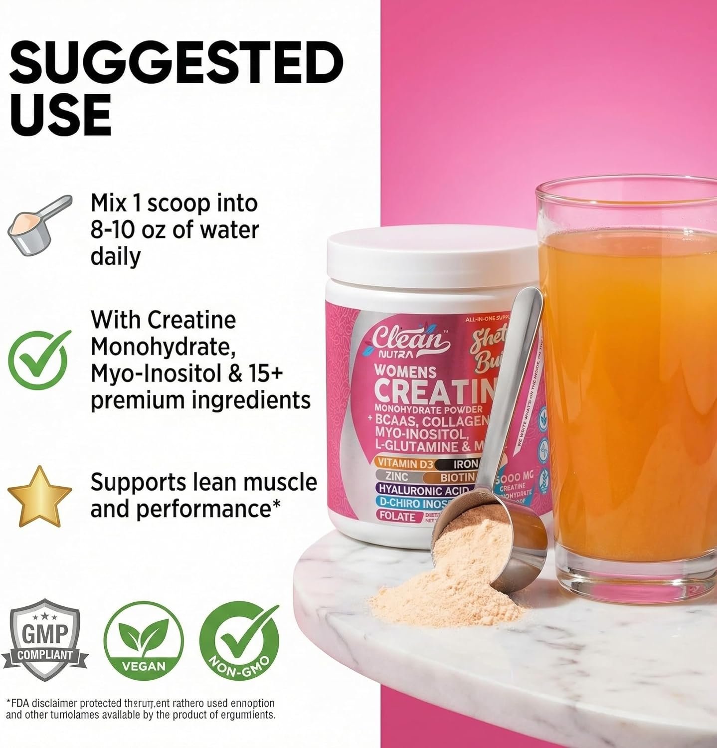 Creatine for Women | Creatine Monohydrate + BCAA Powder Myo-Inositol Collagen Biotin Hyaluronic Acid Folate L Glutamine Vitamin D3 Iron Zinc D-Chiro-Maca Digestion Shelf Builder By Clean Nutra - Image 6