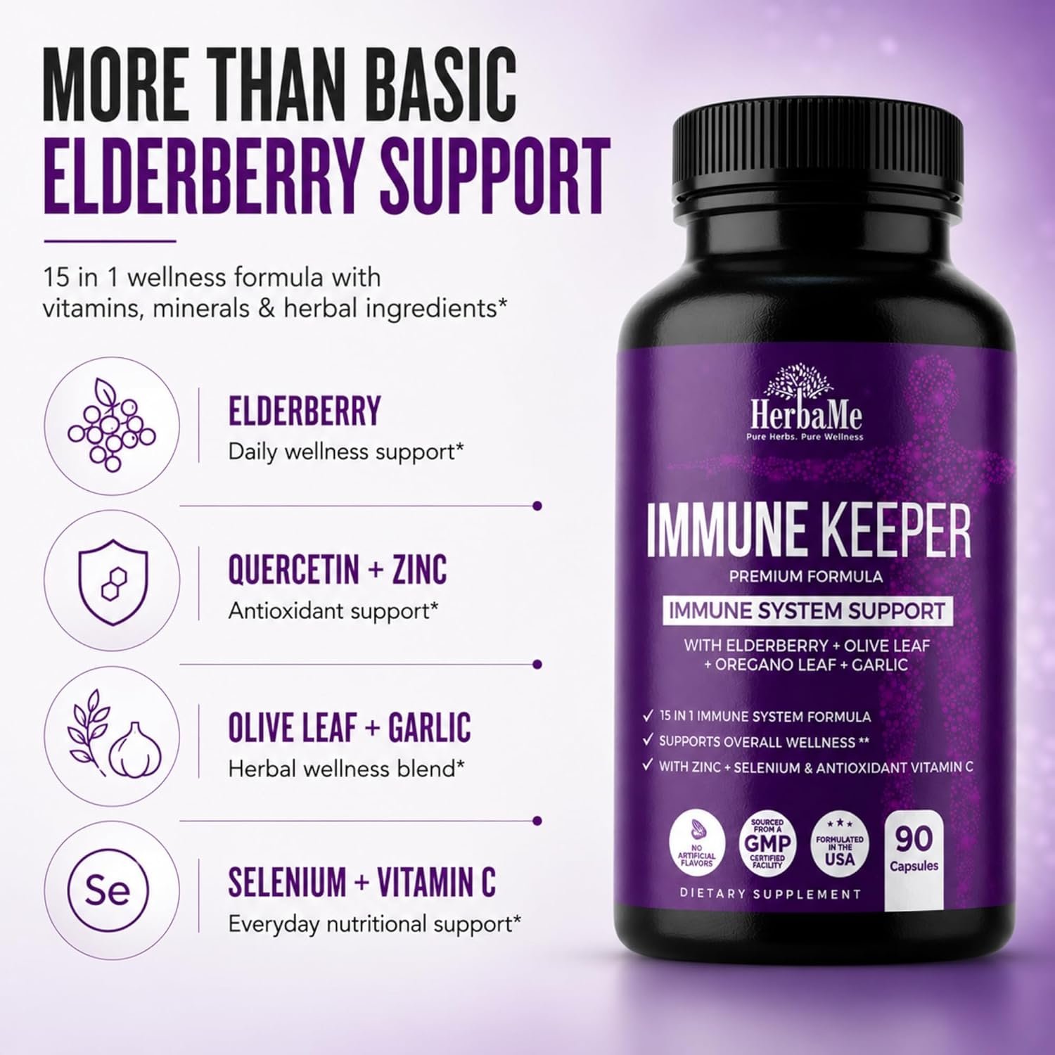 HerbaMe Immune Support Supplement, 15 in 1 Daily Wellness Formula with Elderberry, Quercetin, Zinc, Vitamin C & Selenium, Olive Leaf & Garlic for Men & Women, 90 Capsules - Image 3
