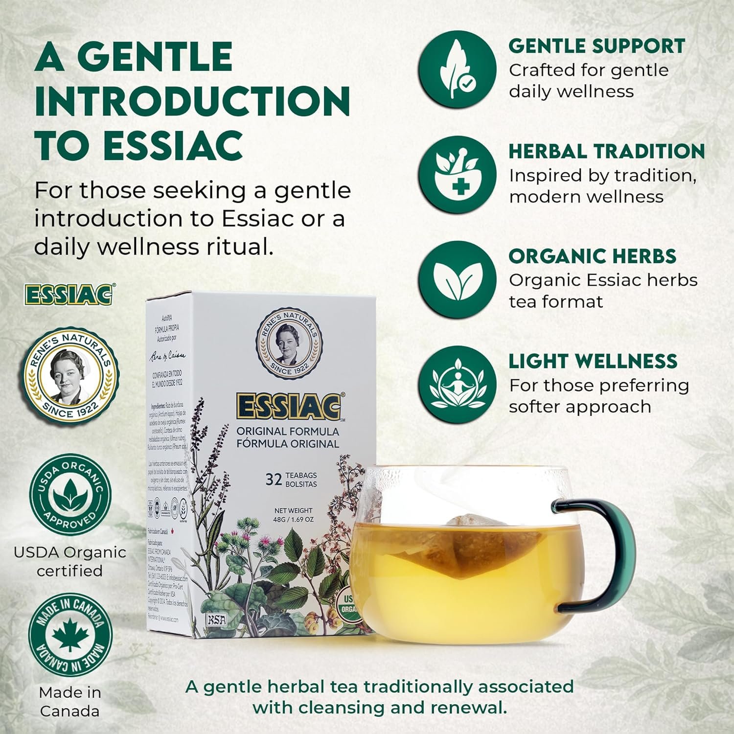 Rene’s Naturals Essiac Tea Bags – USDA Organic - Original 4-Herb Formula Since 1922 –, Non-GMO, Vegan – 32 Teabags – Gentle Daily Cleansing & Digestive Support with Organic Burdock Root, Sheep Sorrel & Slippery Elm - Image 3