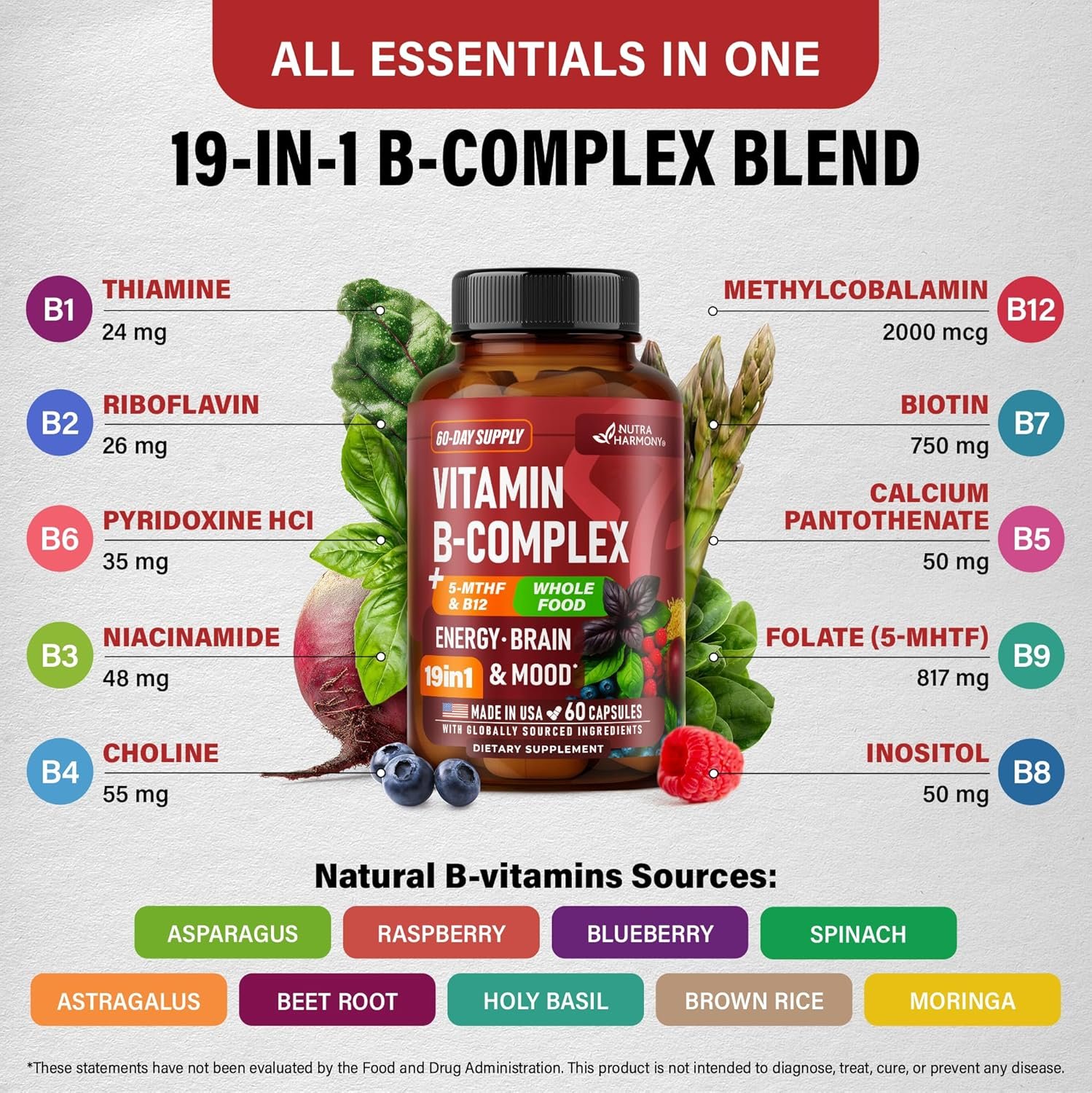Vitamin B Complex - B1 | B2 | B3 | B5 | B6 | Biotin | B12 | 5-MTHF - Astragalus & Whole Food Blend - Energy, Metabolism & Brain - Vitamins B for Women & Men - Lab Tested - 60 Capsules, 60 Days Supply - Image 4