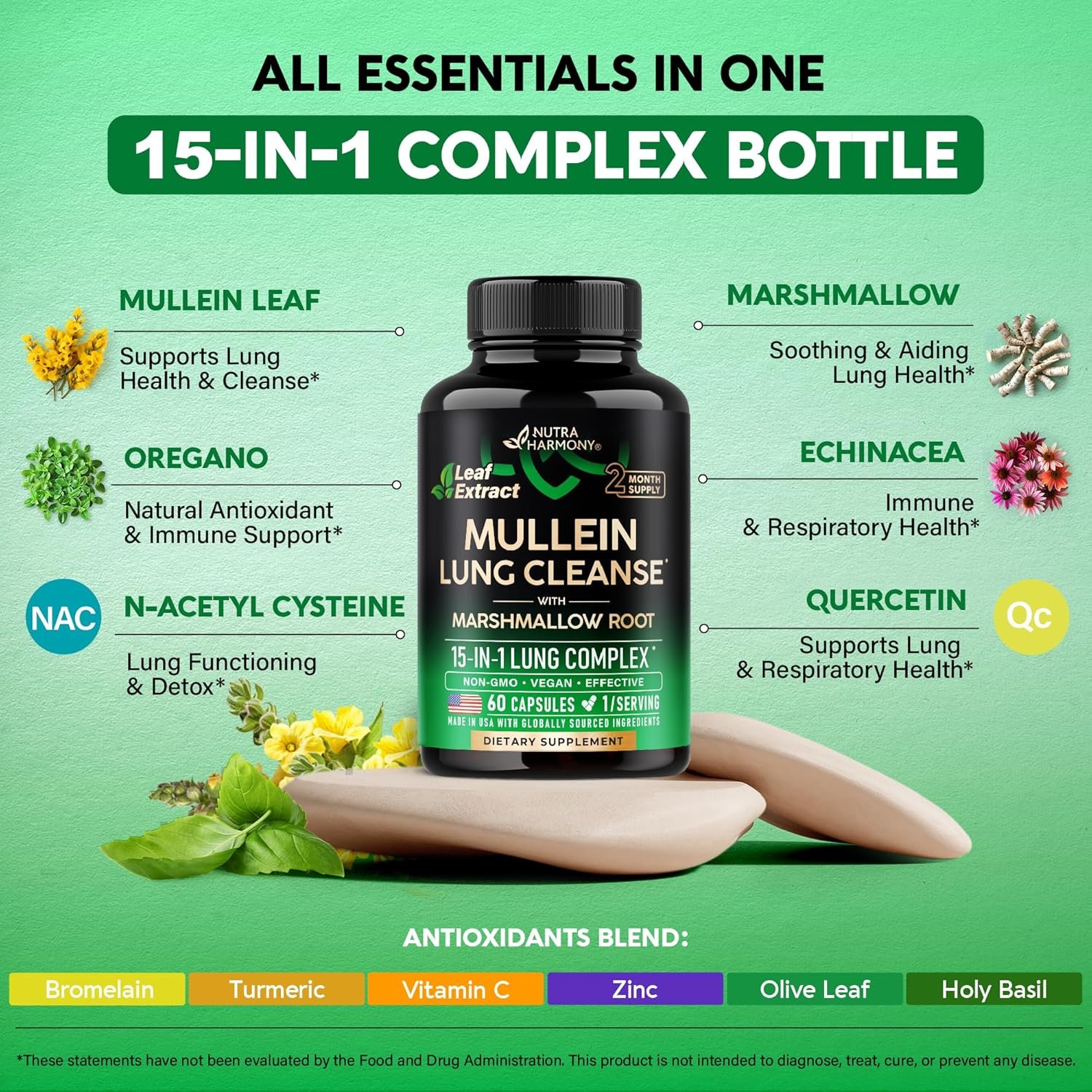 Mullein Lung Detox - Mullein Leaf 10:1 Extract - Marshmallow Root | Echinacea | Oregano | Quercetin | NAC - 15-in-1 Lung Support & Cleanse for Smokers Supplement - for Women & Men - 60 Vegan Capsules - Image 5
