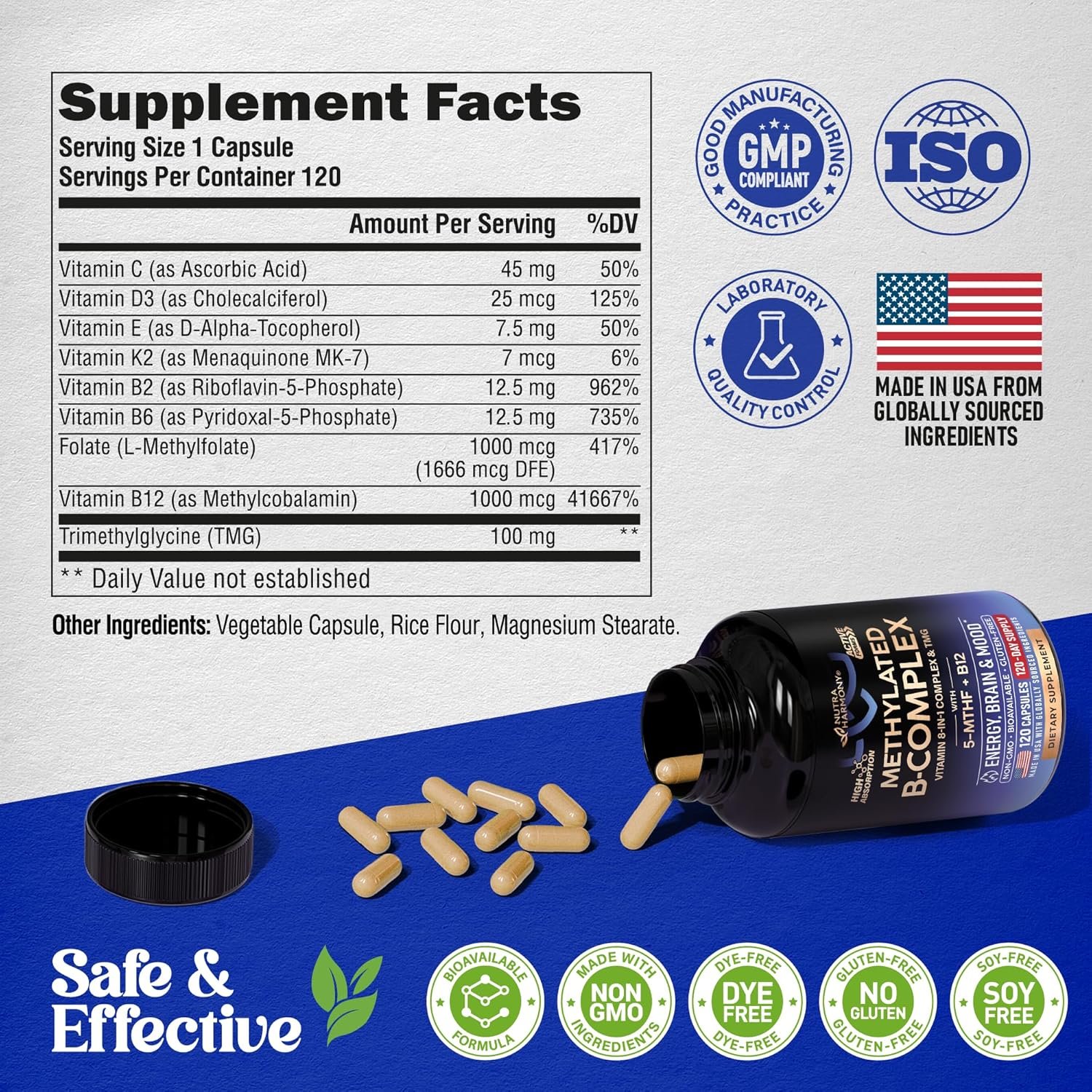Vitamin B Complex Methylated - B-Complex with Methylfolate & B12 - Bioavailable for Men & Women - 9-in-1 Methylated Multivitamin - Energy, Brain & Mood - Vegan - Lab Tested - 120 Capsules, One/Day - Image 8