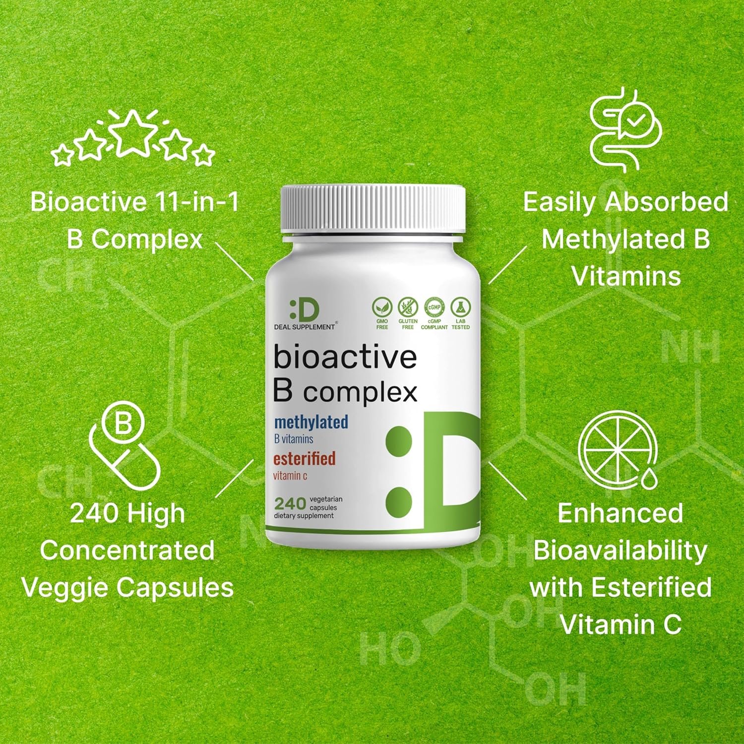 Bioactive Vitamin B Complex for Men & Women, 240 Veggie Capsules - Methylated B Complex & Esterified Vitamin C – High Potency & Easy Absorption – Immune, Energy & Metabolism Supplement – Non-GMO - Image 4