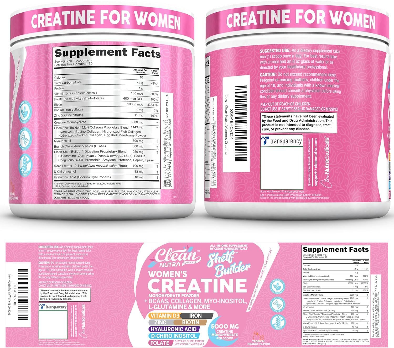 Creatine for Women | Creatine Monohydrate + BCAA Powder Myo-Inositol Collagen Biotin Hyaluronic Acid Folate L Glutamine Vitamin D3 Iron Zinc D-Chiro-Maca Digestion Shelf Builder By Clean Nutra - Image 5