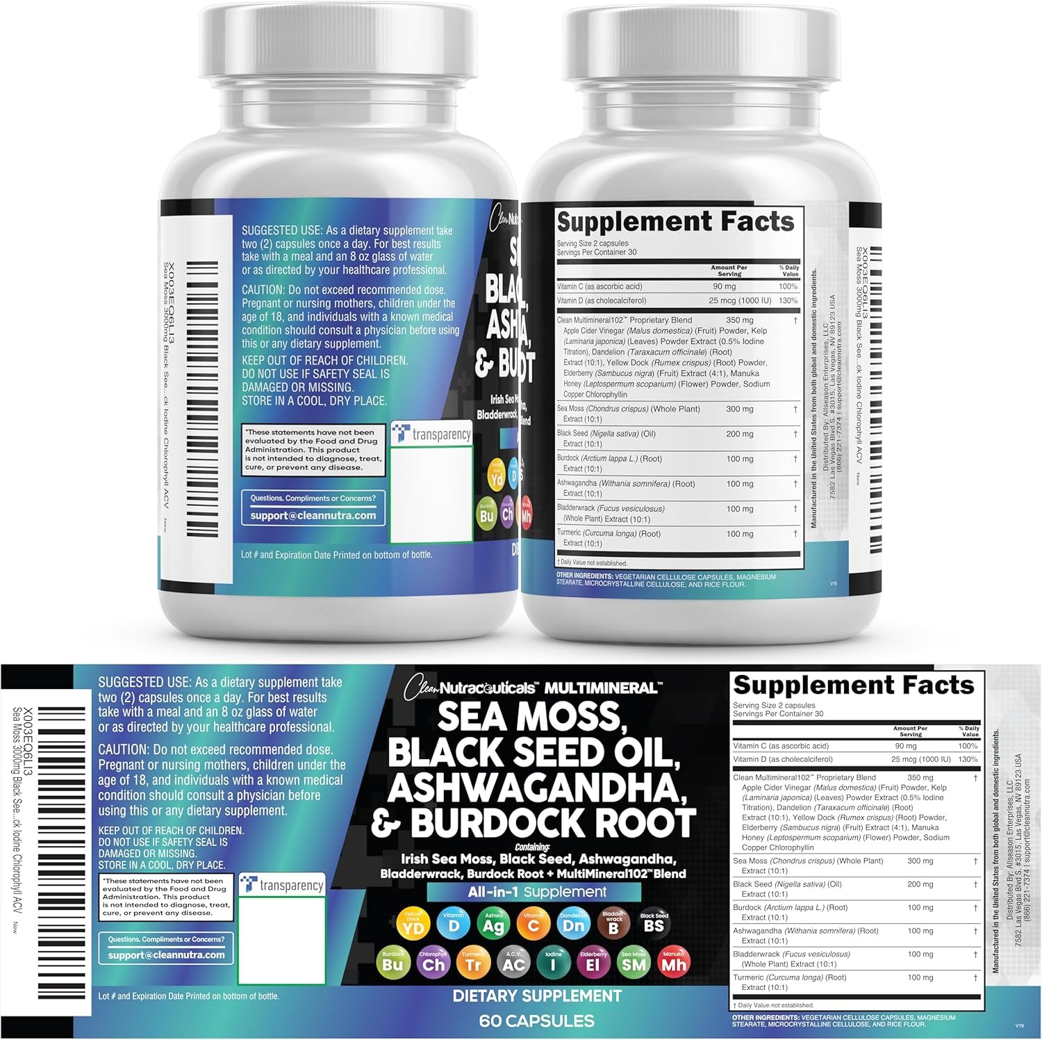 Clean Nutraceuticals Sea Moss Black Seed Oil Ashwagandha Turmeric Bladderwrack Burdock & Vitamin C Vitamin D3 with Elderberry Manuka Dandelion Yellow Dock Iodine Chlorophyll ACV - Image 9