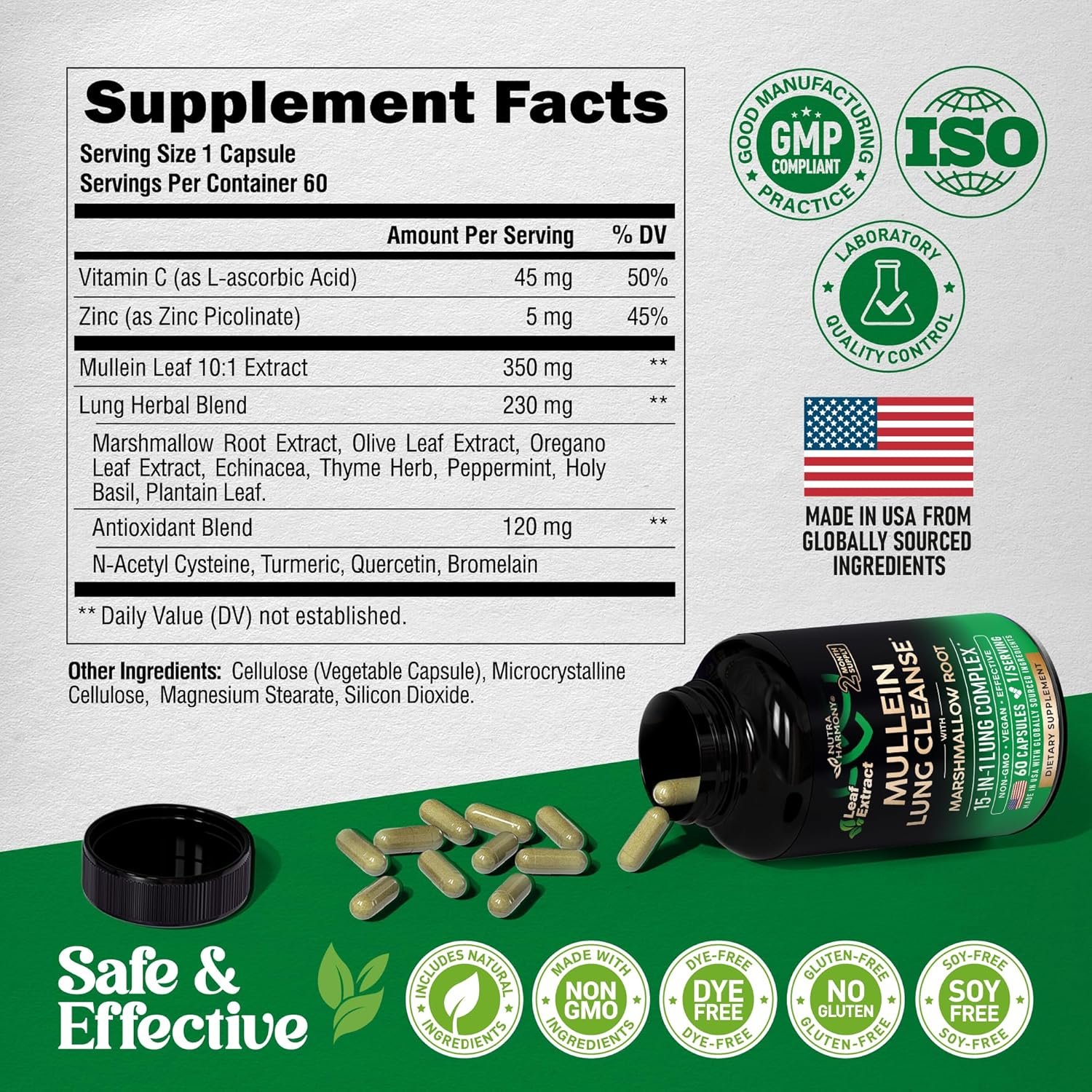 Mullein Lung Detox - Mullein Leaf 10:1 Extract - Marshmallow Root | Echinacea | Oregano | Quercetin | NAC - 15-in-1 Lung Support & Cleanse for Smokers Supplement - for Women & Men - 60 Vegan Capsules - Image 7