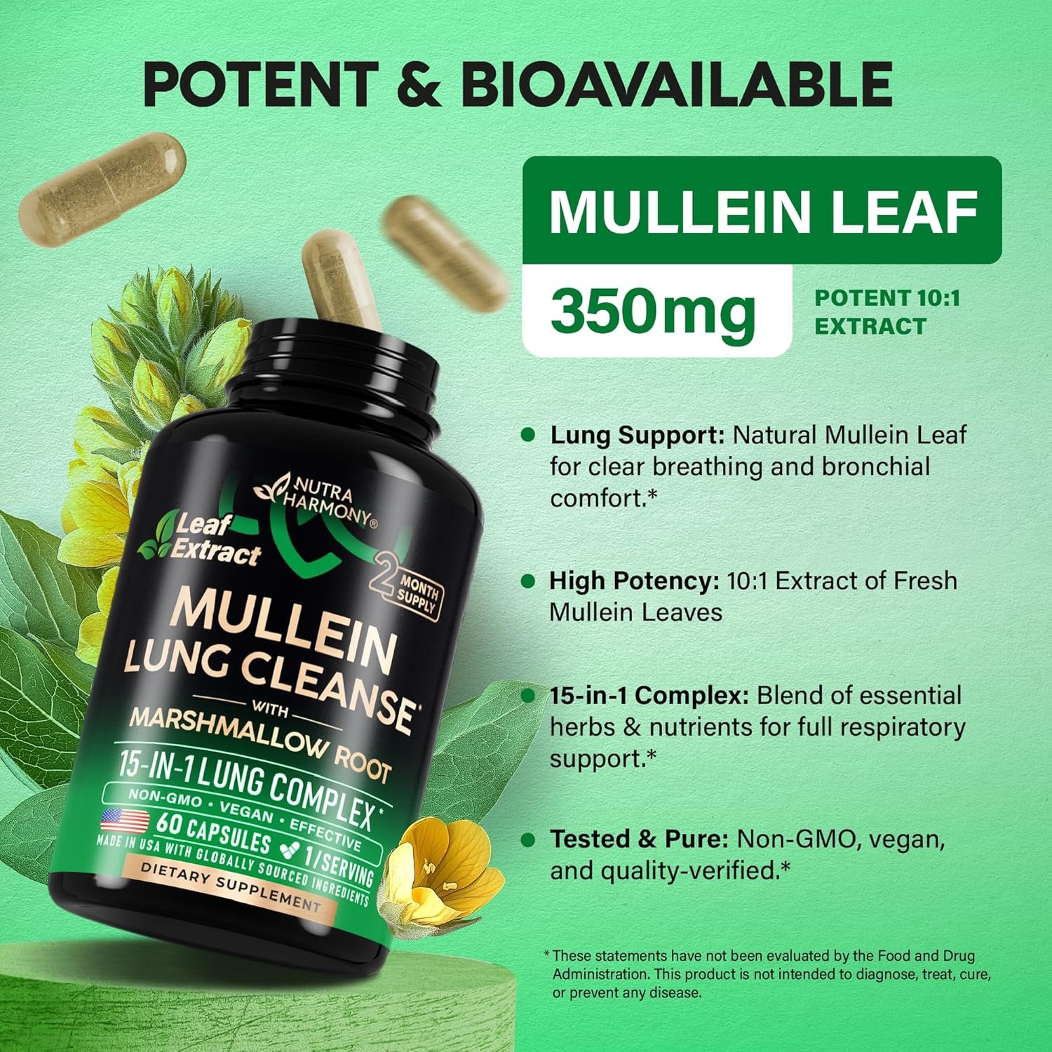 Mullein Lung Detox - Mullein Leaf 10:1 Extract - Marshmallow Root | Echinacea | Oregano | Quercetin | NAC - 15-in-1 Lung Support & Cleanse for Smokers Supplement - for Women & Men - 60 Vegan Capsules - Image 4