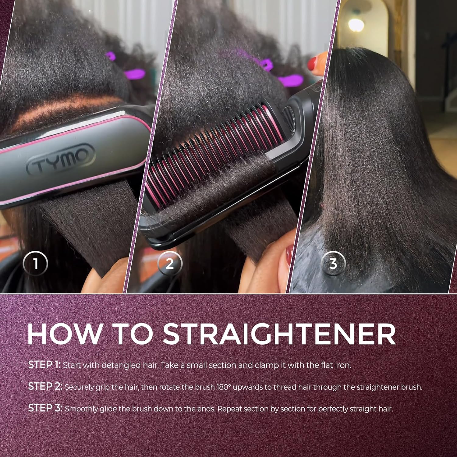 TYMO Flat Iron Hair Straightener Brush 2 in 1, 200M Ions Hair Straighteners for Women, Ceramic Straightening Hot Comb for Anti-Frizz Straights, Waves, Curl, 3X Less Heat Damage, Dual Voltage, Black - Image 9