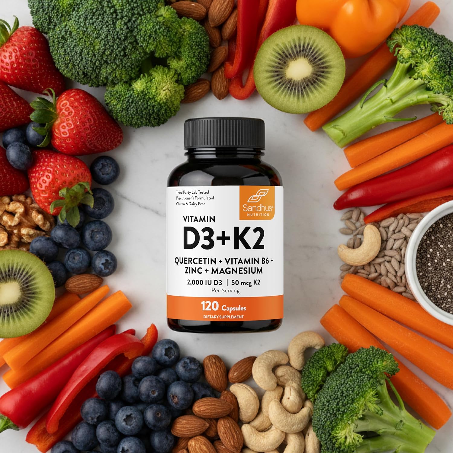 Sandhu's Vitamin D3 K2 Magnesium 2000 IU, 50mcg K2 Capsules 120 Count (Pack of 1) | with VIT B6, Zinc & Quercetin | D3K2 Supports Superior Absorption, Energy, Immune, Muscle Health for Men & Women - Image 5