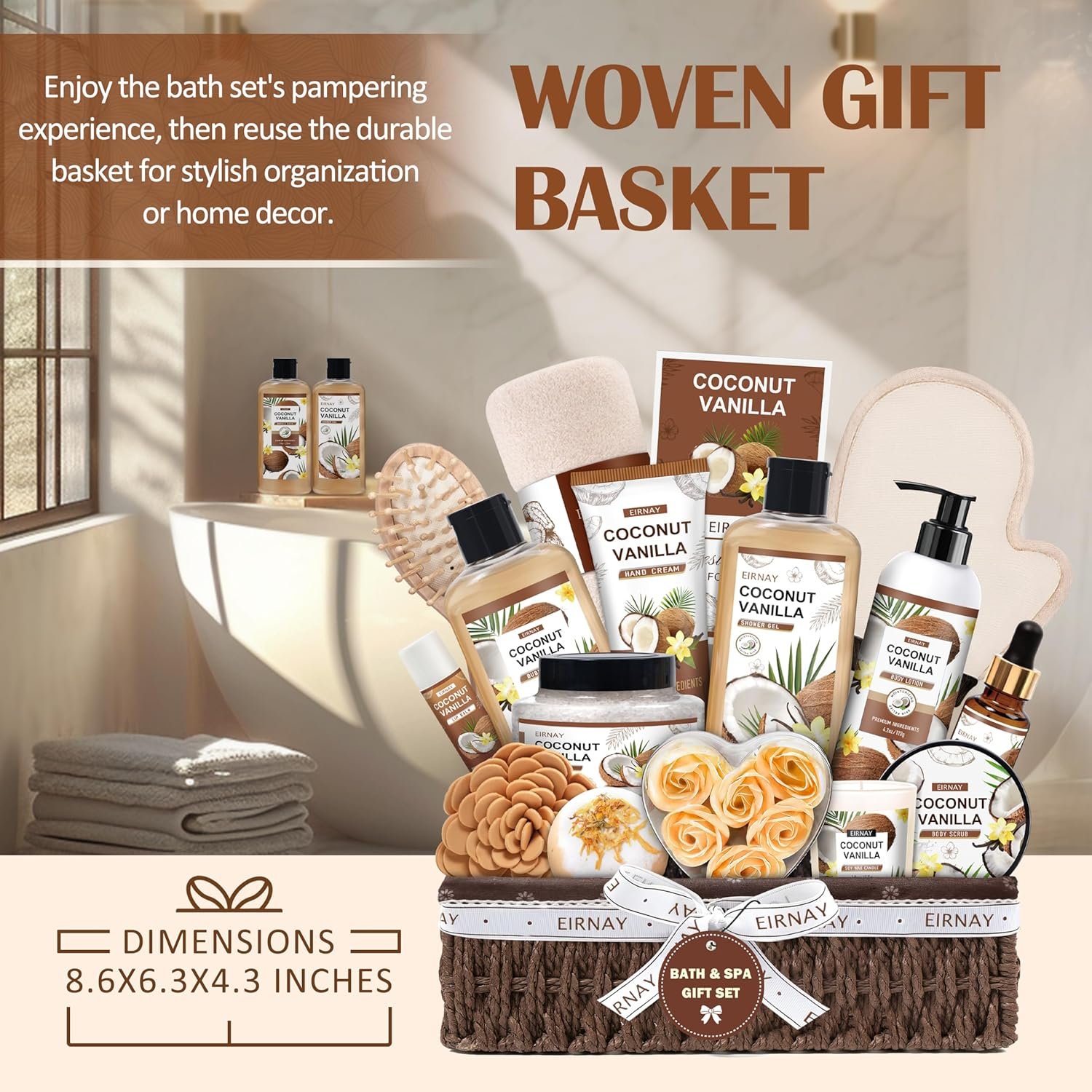 Mothers Day Gifts For Women - 16 PCS Birthday Gift Basket for Women Set of Coconut Vanilla Self Pampering Set, Includes Luxurious Home Spa Shower Gel Bubble Bath - Image 8