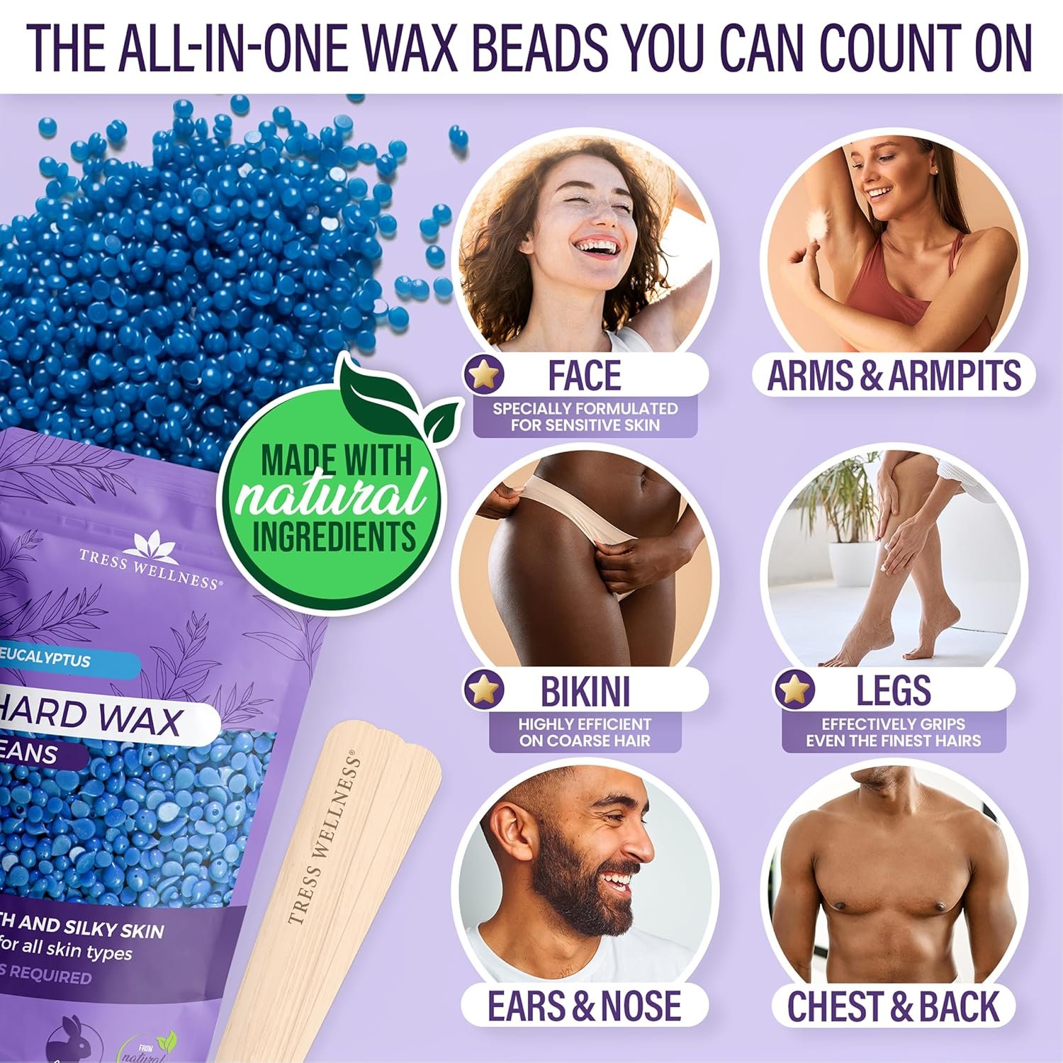 Tress Wellness Waxing Kit for Sensitive Skin, Safe for Face & Skin, Prep & Aftercare Spray, Easy to Use, At-Home Kit for Face, Bikini, Brazilian & Full Body - Digital Display, Black Purple Flower - Image 3