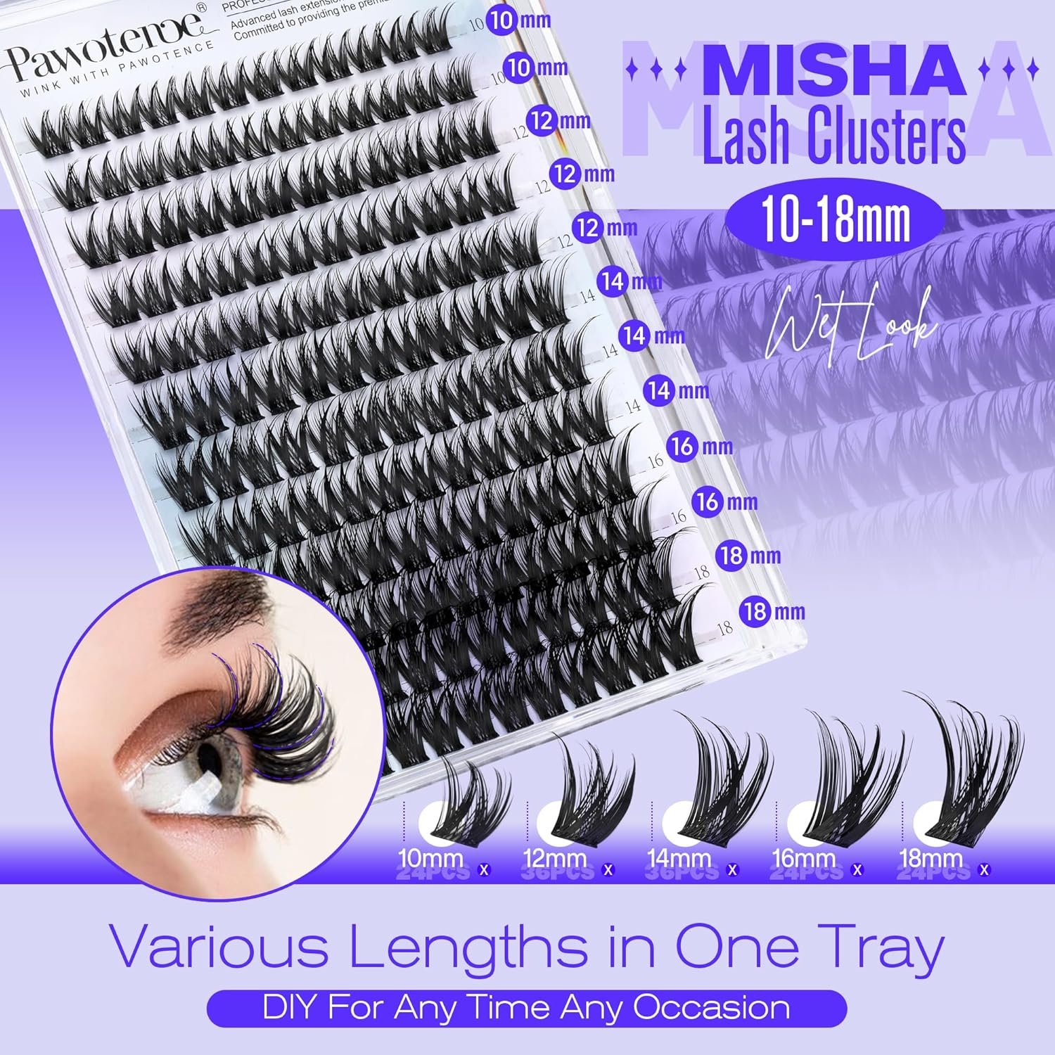 Pawotence Lash Clusters Kit Misha 10-18mm Cluster Lashes Extension Kit 144pcs Eyelash Clusters Wet Look Wispy Lashes Cluster Eyelash Extensions with Waterproof Lash Bond and Seal, Remover, Applicator - Image 3
