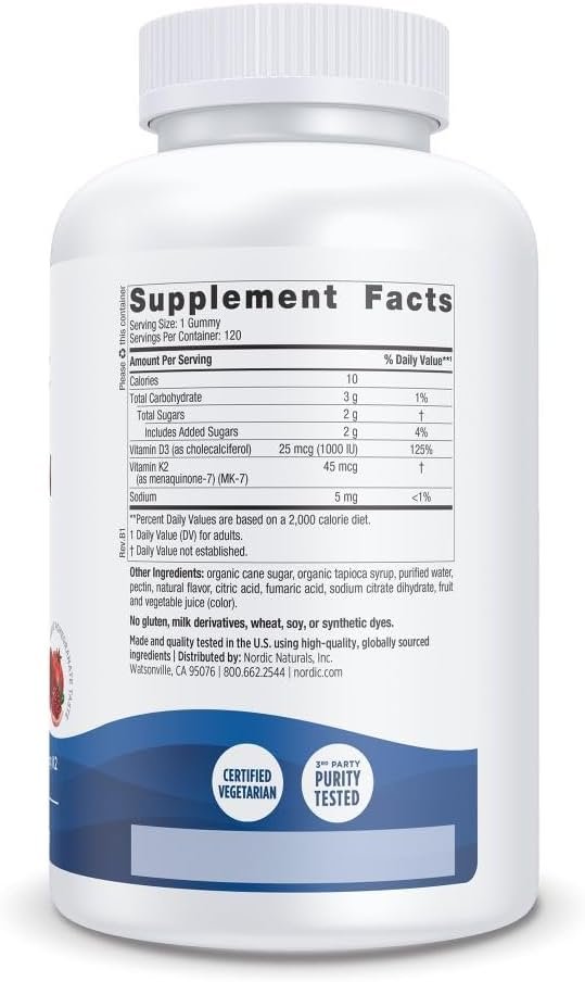 Nordic Naturals Vitamin D3 + K2 Gummies, Pomegranate - 120 Gummies - 1000 IU Vitamin D3 + 45 mcg K2- Great Taste - Bone Health, Promotes Healthy Muscle Function - Non-GMO - 120 Servings - Image 2