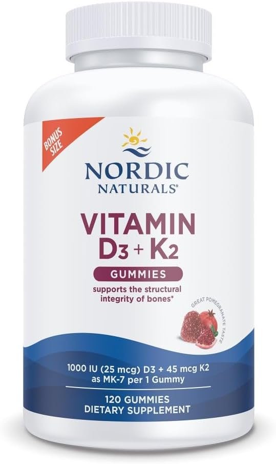 Nordic Naturals Vitamin D3 + K2 Gummies, Pomegranate - 120 Gummies - 1000 IU Vitamin D3 + 45 mcg K2- Great Taste - Bone Health, Promotes Healthy Muscle Function - Non-GMO - 120 Servings