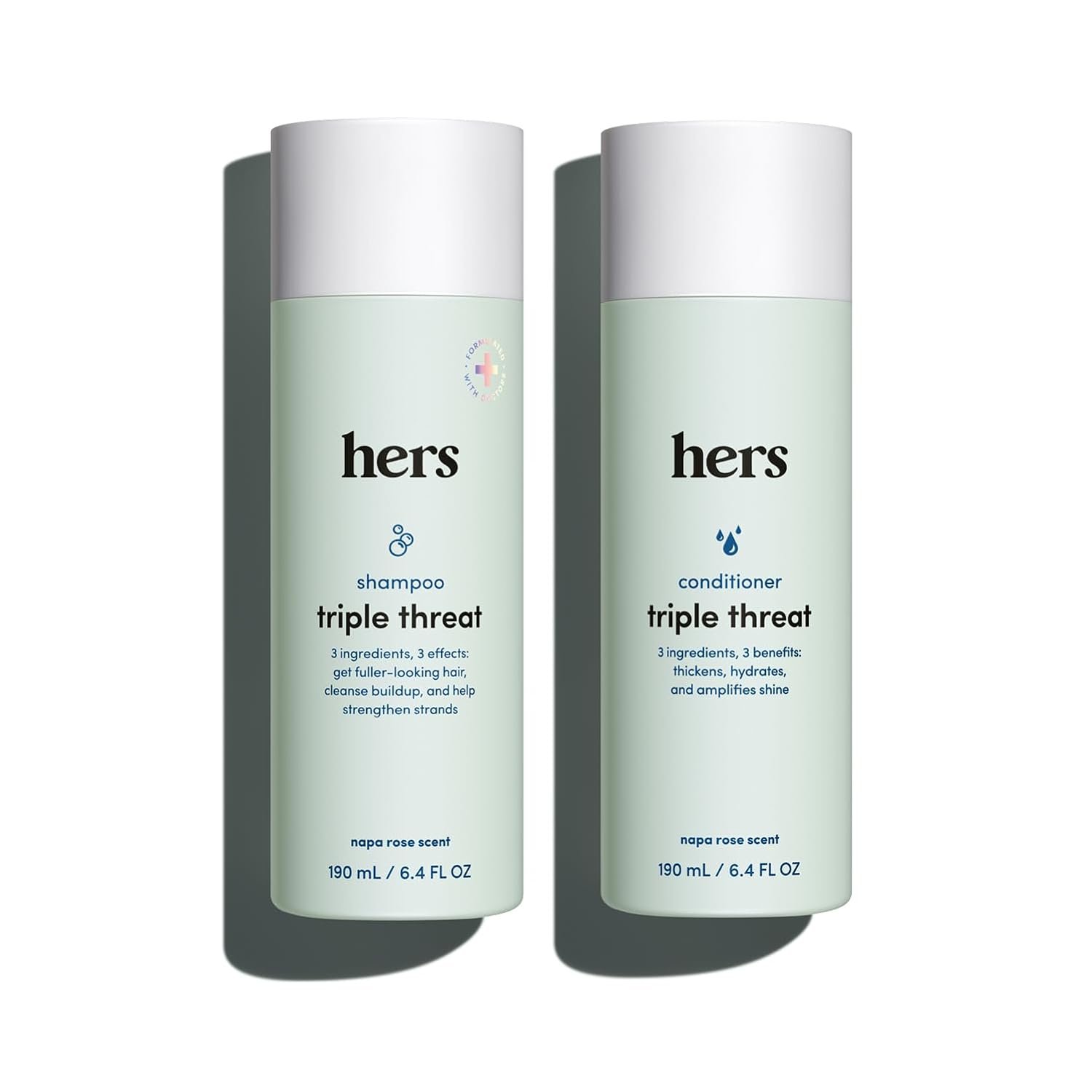 hers Triple Threat Shampoo & Conditioner Set - Biotin, Saw Palmetto, & Pumpkin Seed Oil Formula - Thickens & Hydrates - Color-Safe, Paraben-Free, Vegan - Napa Rose Scent - 6.4 Fl Oz, 2 Count