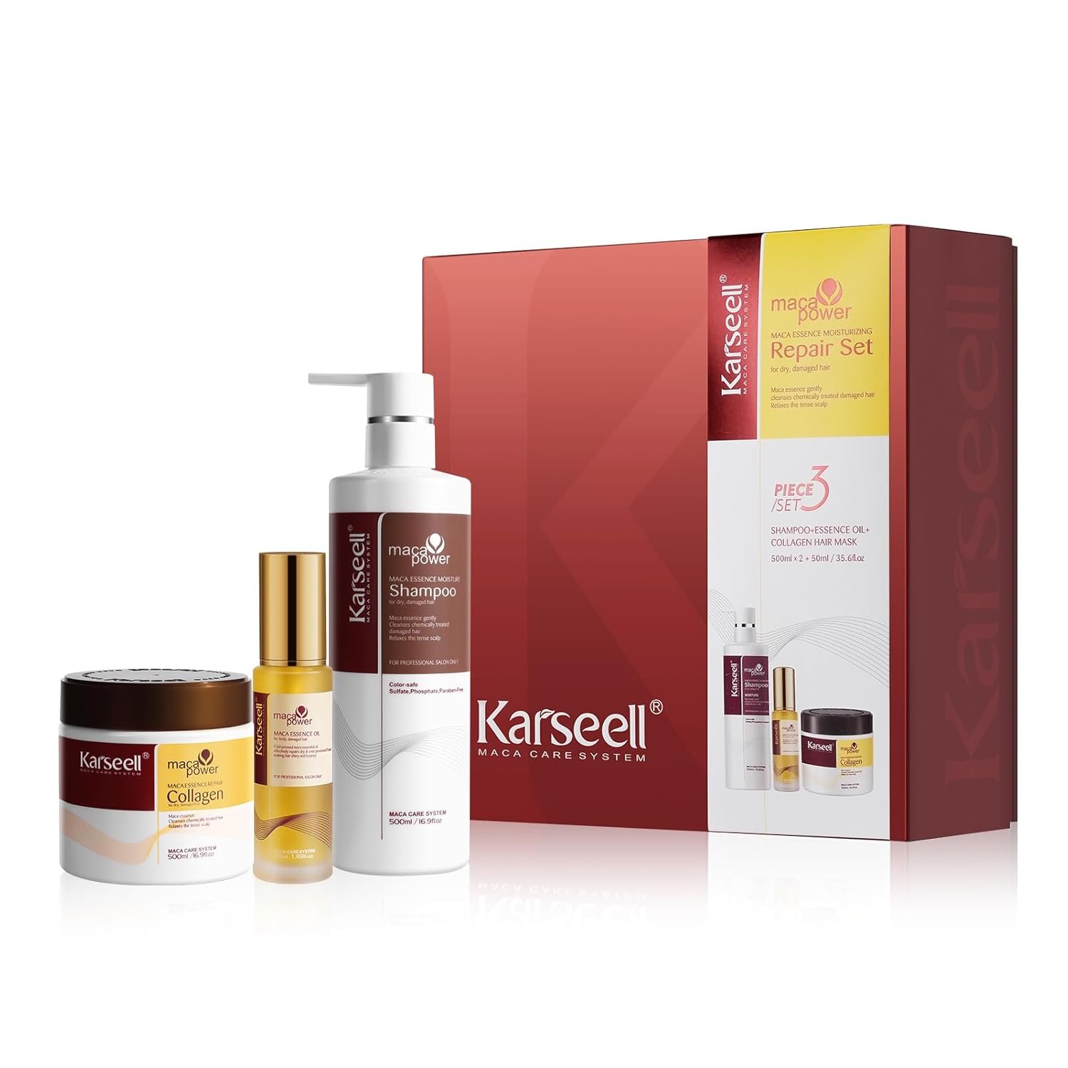 Karseell Collagen Hair Treatment Set, Deep Repair Collagen Hair Mask Shampoo and Argan Oil for Dry Damaged Hair of All Types - 2 x 16.9floz + 1.69floz