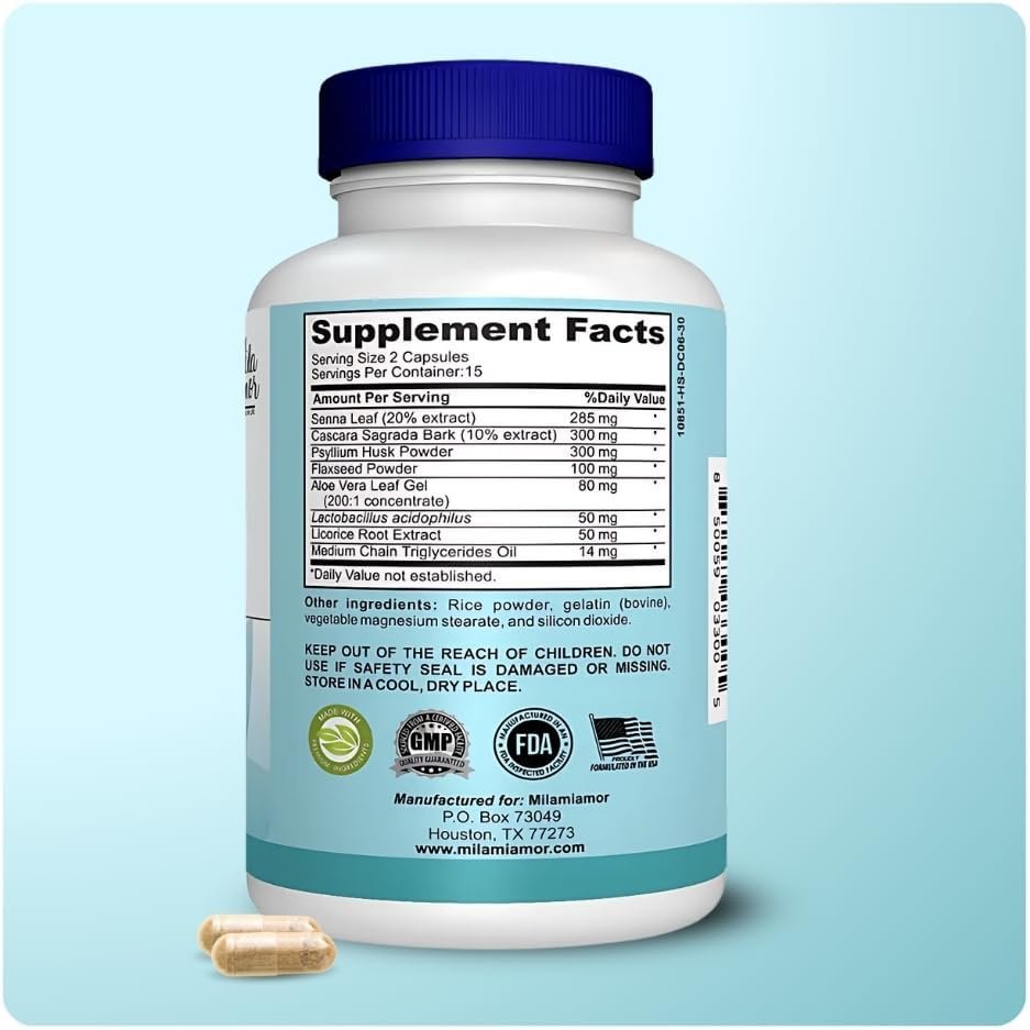 Mila Miamor 15 Day Cleanse - Gut and Colon Support - Advanced Gut Cleanse Detox for Women & Men with Senna, Cascara Sagrada & Psyllium Husk - Non-GMO - Made in USA - 30 Capsules - Image 2