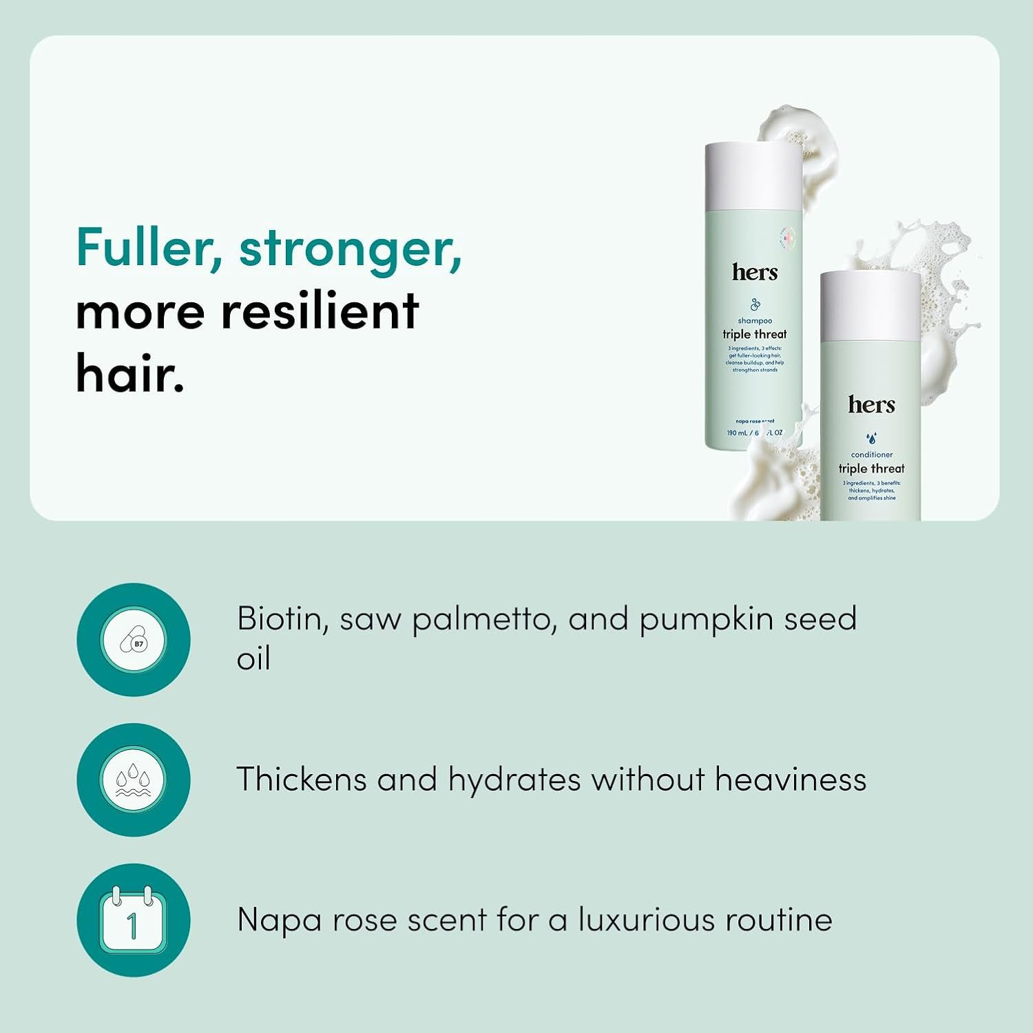 hers Triple Threat Shampoo & Conditioner Set - Biotin, Saw Palmetto, & Pumpkin Seed Oil Formula - Thickens & Hydrates - Color-Safe, Paraben-Free, Vegan - Napa Rose Scent - 6.4 Fl Oz, 2 Count - Image 2