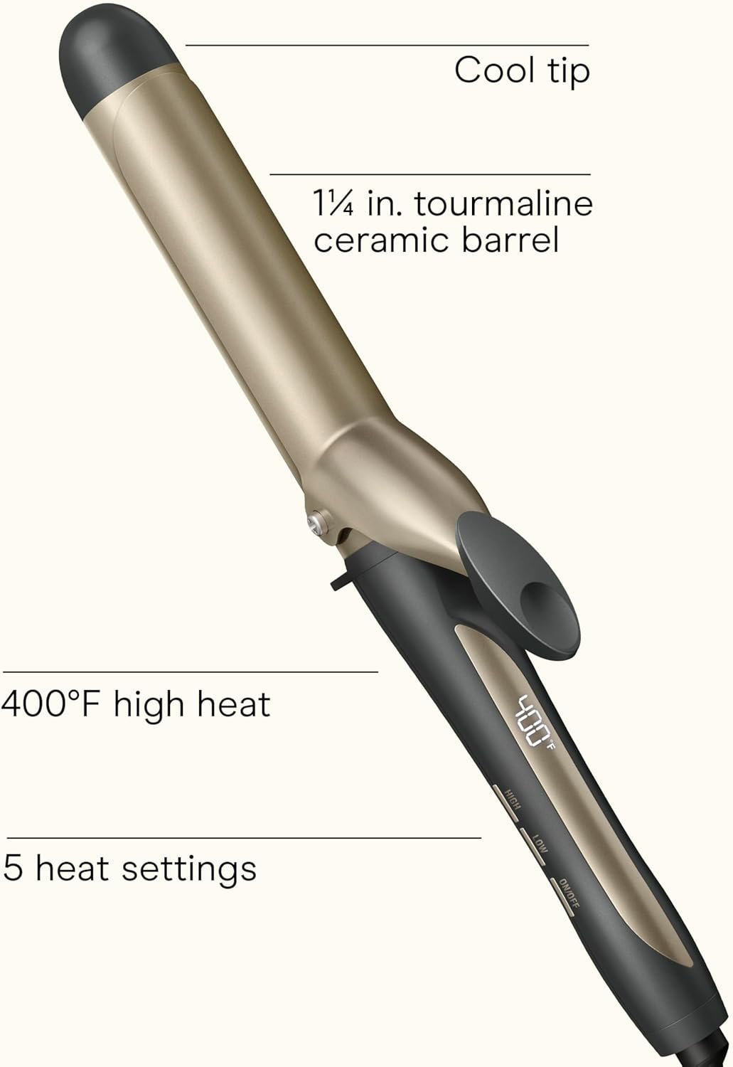 Conair INFINITIPRO Tourmaline Ceramic Curling Iron 1-1/4 inch Barrel with 5 Heat Settings up to 400°F and Digital Display, Lightweight Hair Styling Tool for Medium and Long Hair, Gray, CD1001L - Image 2