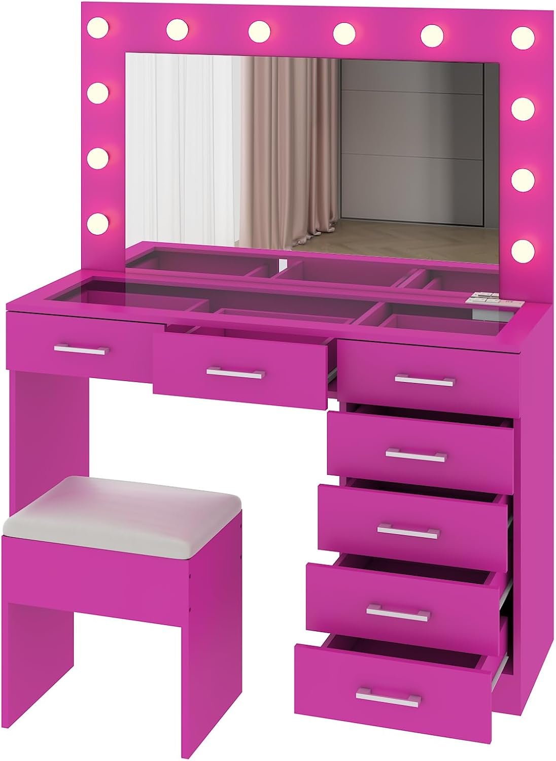 Karl home Vanity Desk with Large Lighted Mirror & Powre Outlet, Glass Tabletop Makeup Vanity Set with 7 Drawers, 45.3" Vanity Table with 3 Color Lighting Modes, Dressing Table for Women Girls, Pink - Image 6