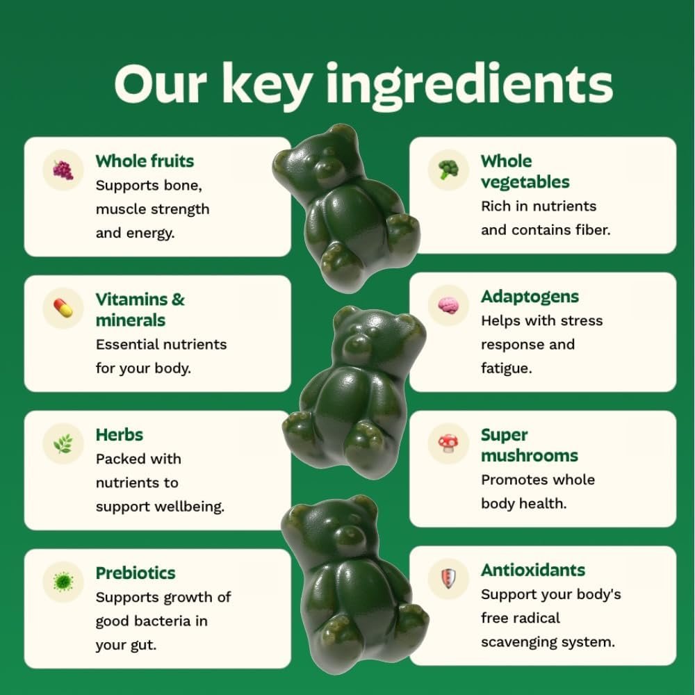 Gruns Sugar-Free Super Greens Gummies, Multivitamin Superfood Gummy Bears, Spirulina, Chlorella, Prebiotics & Fiber gummies for Digestive Health, Adaptogens Supplement, 20 Vitamins & Minerals, 10 pack - Image 3