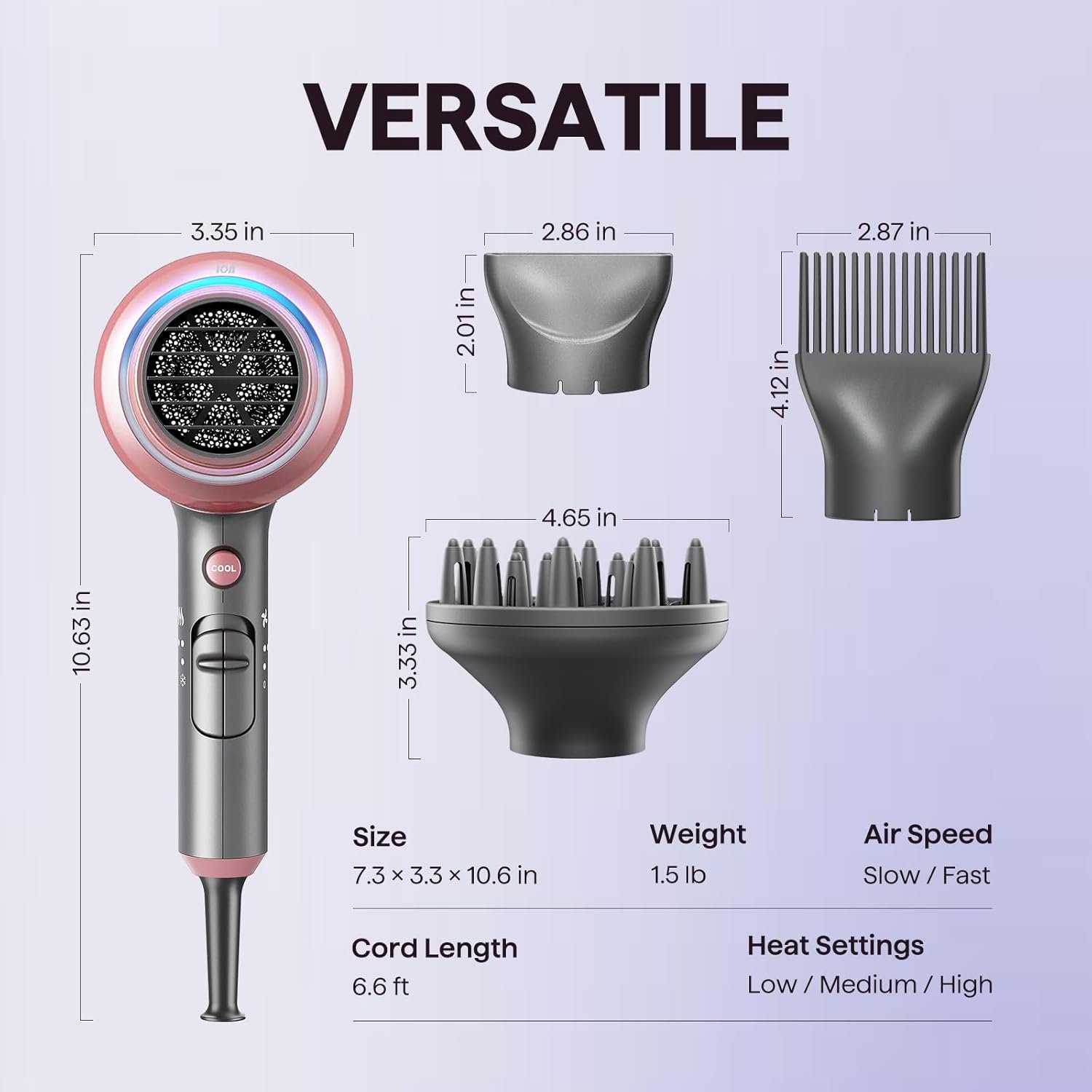 Wavytalk Hair Dryer, Blown Away Ionic Hair Dryer for Curly Hair with Diffuser, 1875W Fast Drying Blow Dryer with Ceramic Technology, 3 Attachments for All Hair Types, Light and Quiet, Rose Gold - Image 7