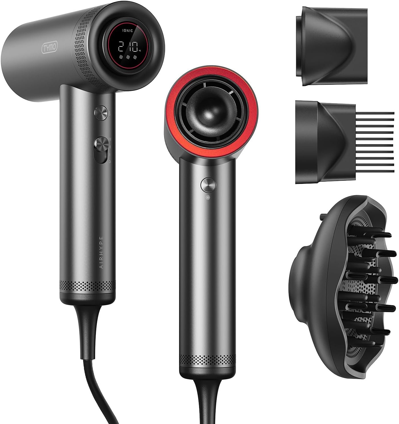 TYMO Blow Dryer with Comb - 1500W Professional High Speed Blow Dryer with Diffuser, 110,000RPM Fast Dry, 200 Million Ionic Diffuser Hairdryer, 4 Temps & 3 Speeds, 8 Ft Cord for Salon, Metal Gray