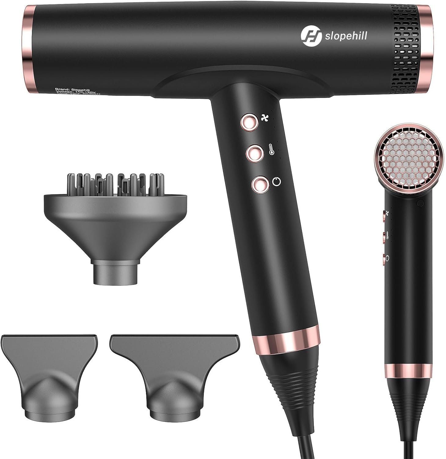 slopehill Professional Ionic Hair Dryer with Diffuser - Lightweight, Compact, Powerful & Fast Salon Blow Dryer with High Speed Brushless Motor for Travel, Women & Men Ceramic, Black