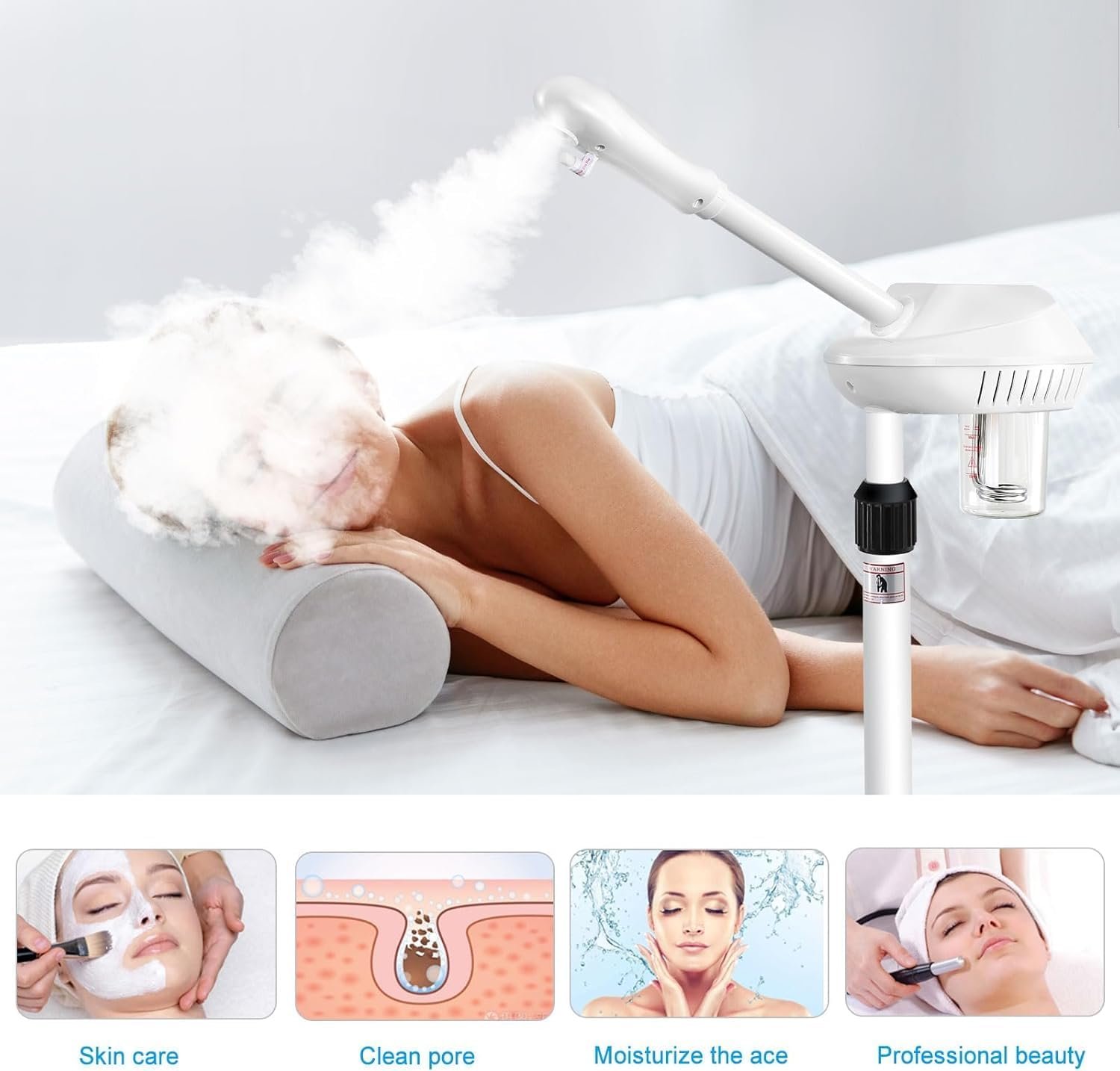 Professional Facial Steamer, Esthetician Steamer on Wheels with Hot Mist, Stand Face Steamer for Facial Deep Cleaning, Steamer for Facial for Personal Care or Spa, Moisturizing and Hydrating, White - Image 4