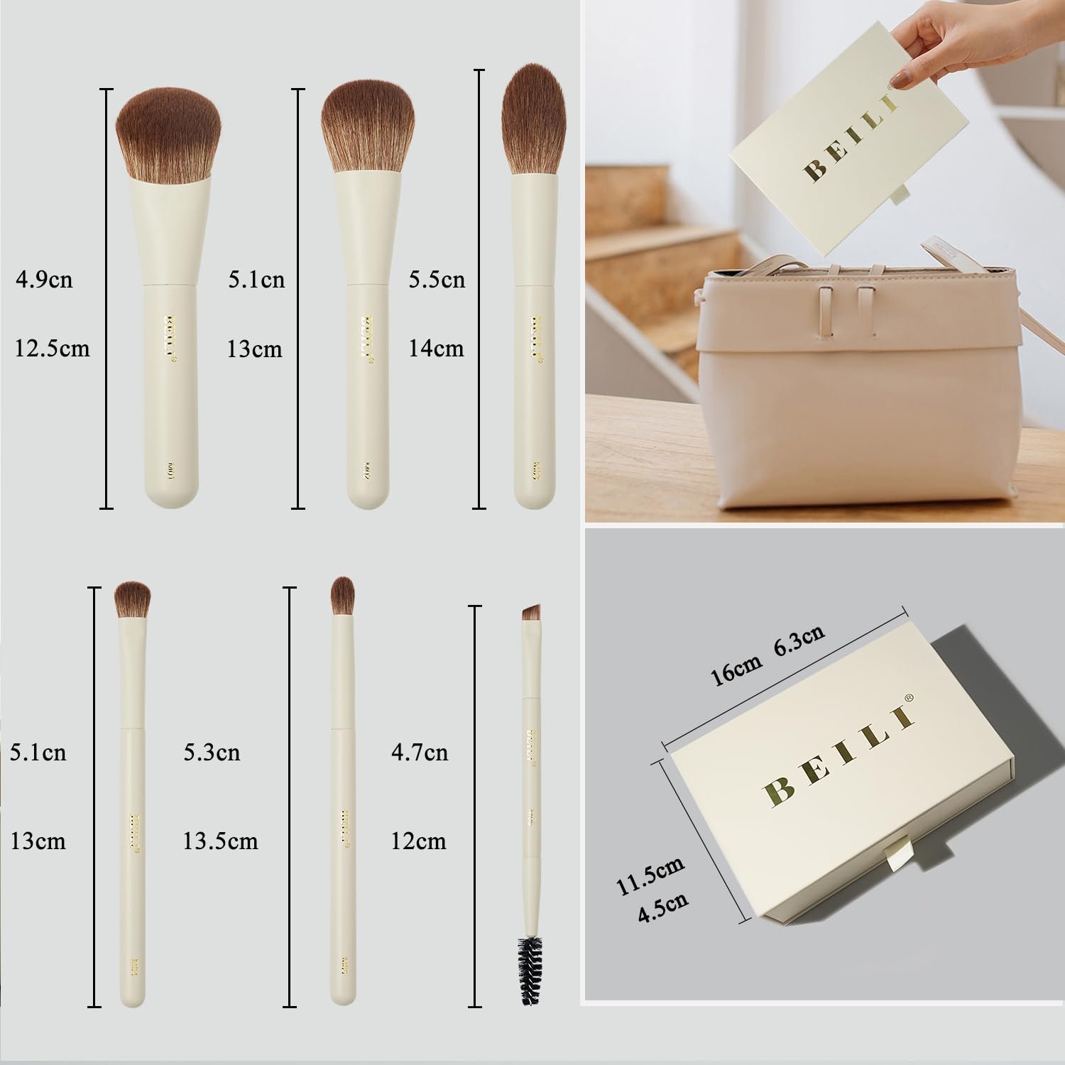 BEILI Mini 6Pcs Makeup Brush Set – Elegant Off White, Professional Travel Brushes for Foundation, Contour, Highlighter & Blending, with Sponge and Gift Box - Image 7